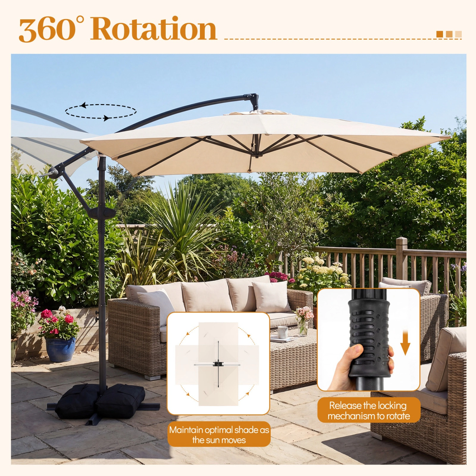 SUGIFT 8 x 8-ft Square Offset Cantilever Patio Umbrella with Double-Tier Canopy 116-lb Base Capacity 360° Rotation Beige