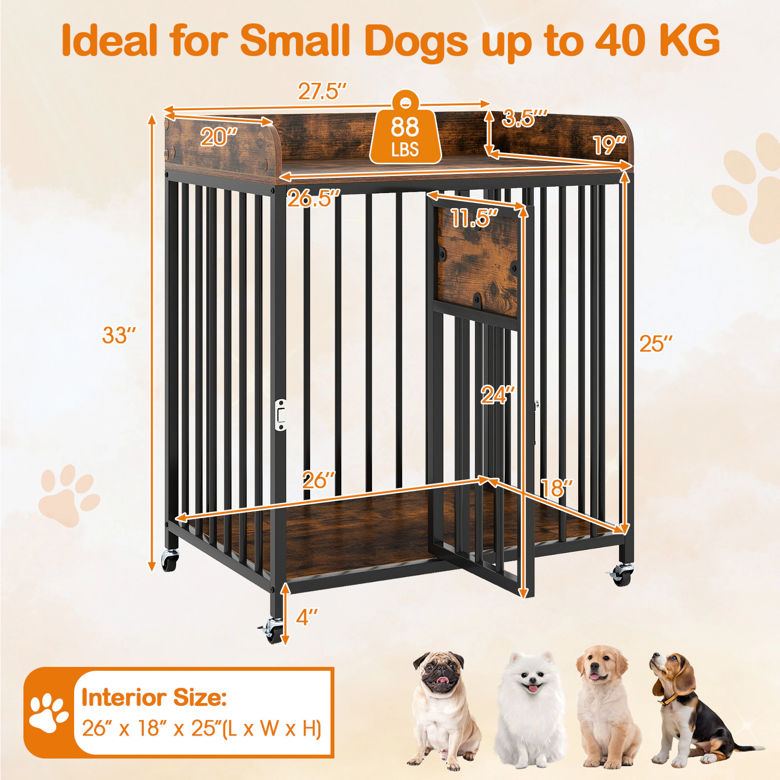 SUGIFT Rustic Brown 27.5 in End Table Kennel with Wheels for Small Dogs Dog Crate Furniture