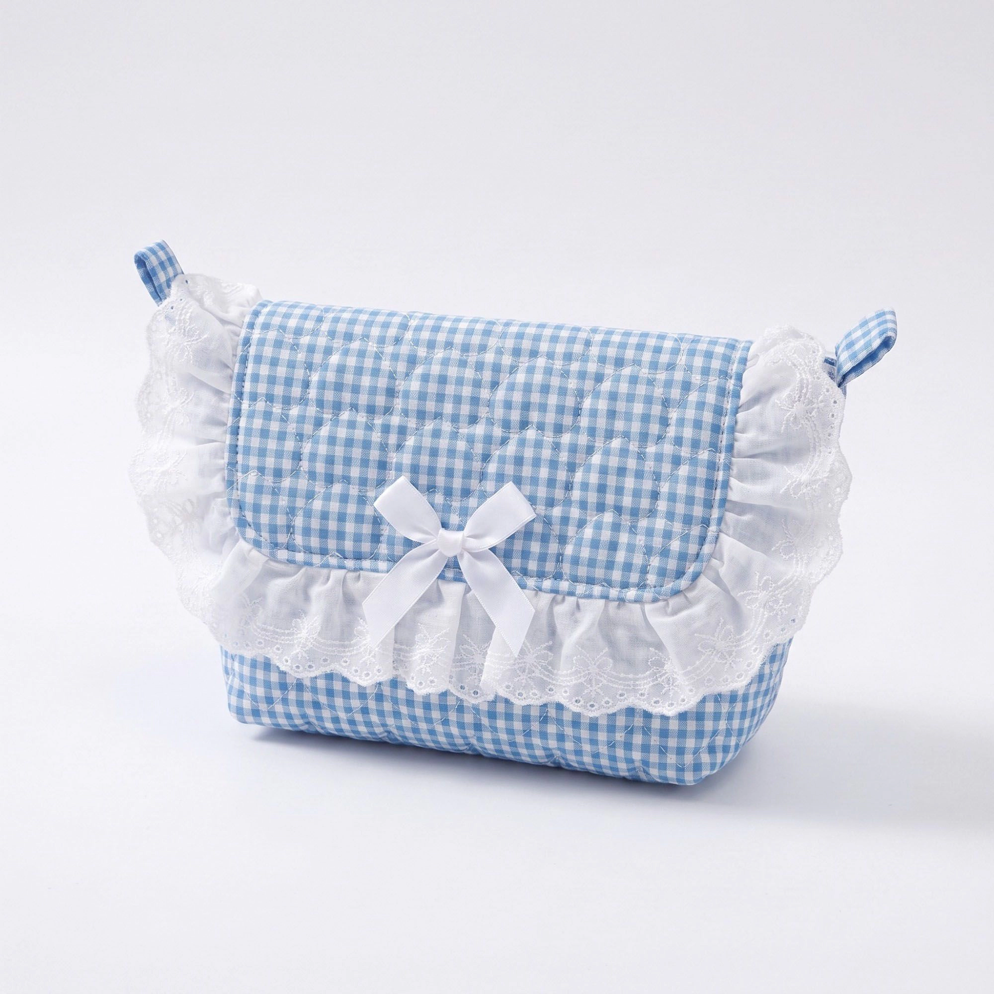 Alilang Unisex Quilted Gingham Makeup Bag with Shoulder Strap Lace Ruffle Bow
