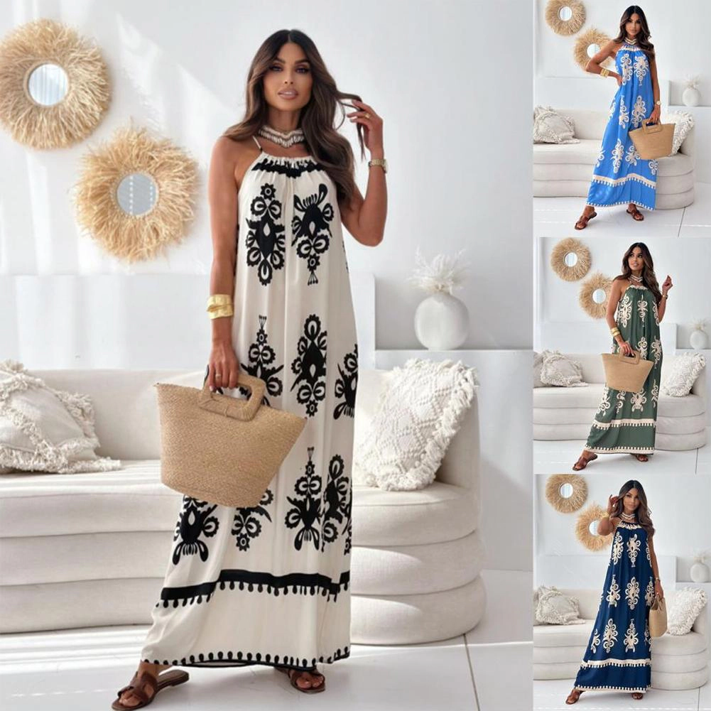 KOJOOIN Women's Maxi Dress Boho Flowy Sundress Sleeveless Long Halter Tie‑Back Vacation Dresses