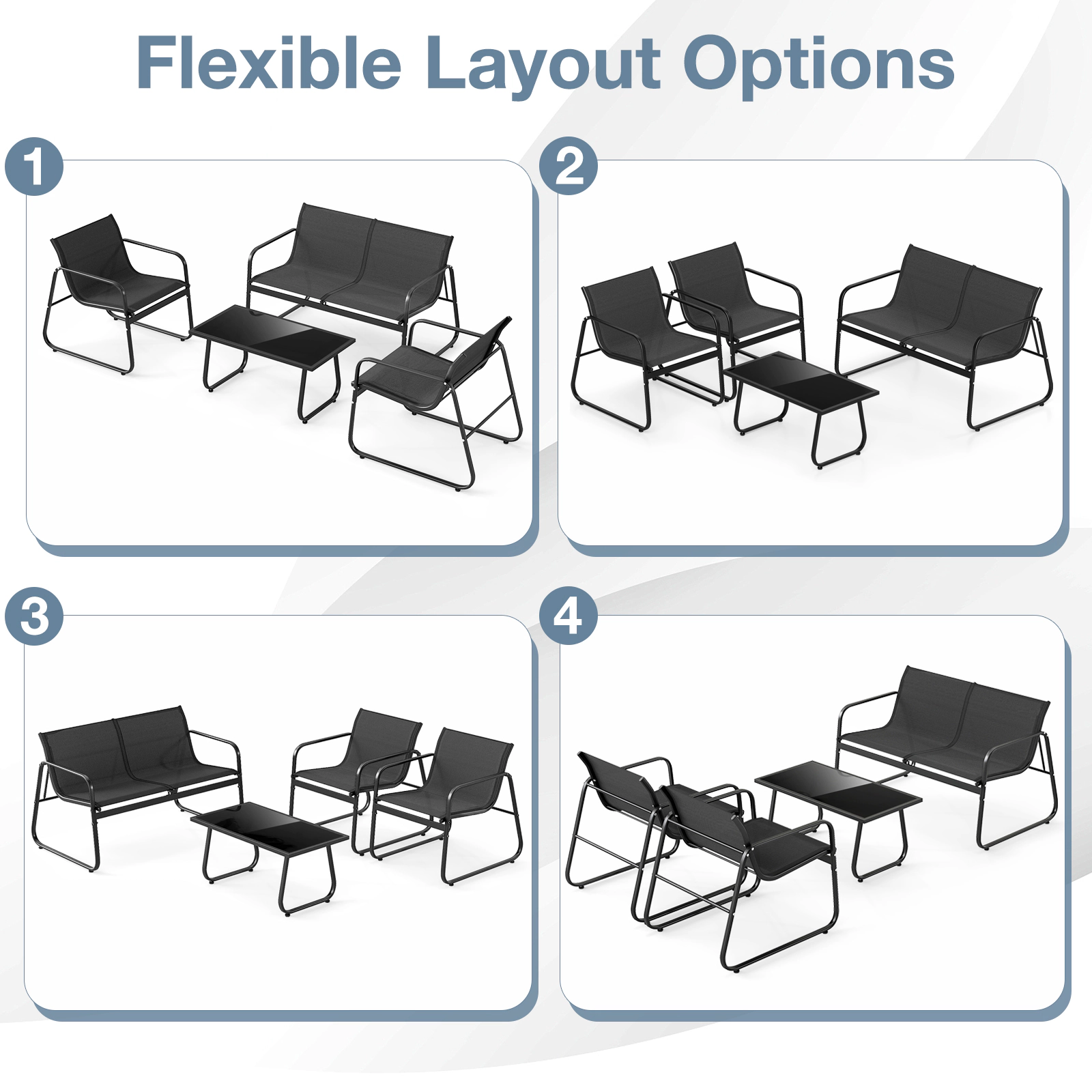 SUGIFT Fabric Lawn Chairs Loveseat and Glass Table 4-Piece Black Patio Furniture Set