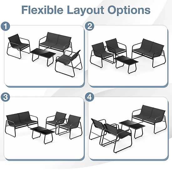SUGIFT Fabric Lawn Chairs Loveseat and Glass Table 4-Piece Black Patio Furniture Set