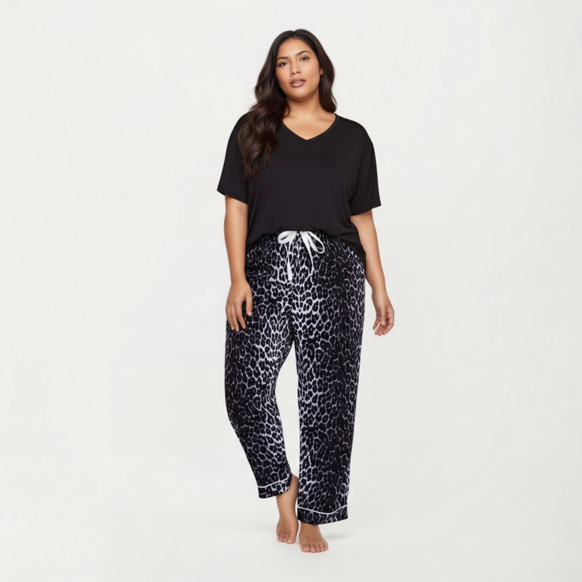 Anna-Kaci Women's 2-Piece V-Neck Short Sleeve Top and Leopard Print Pajama Pants with Soft Stretch Fabric