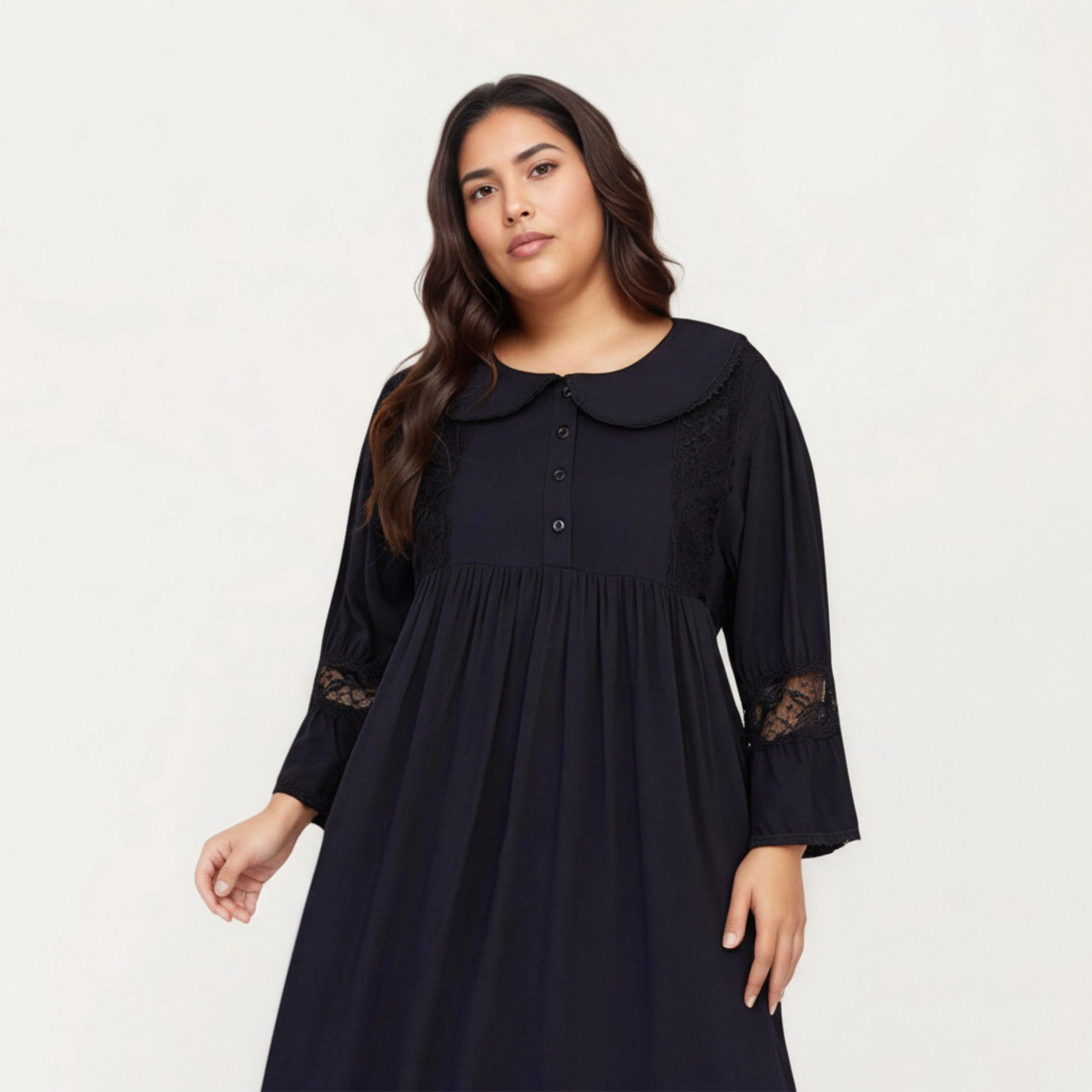 Anna-Kaci Women's Long Sleeve Maxi Nightgown Flowing Fabric Peter Pan Collar Detail and Lace Trim Accents on Sleeves