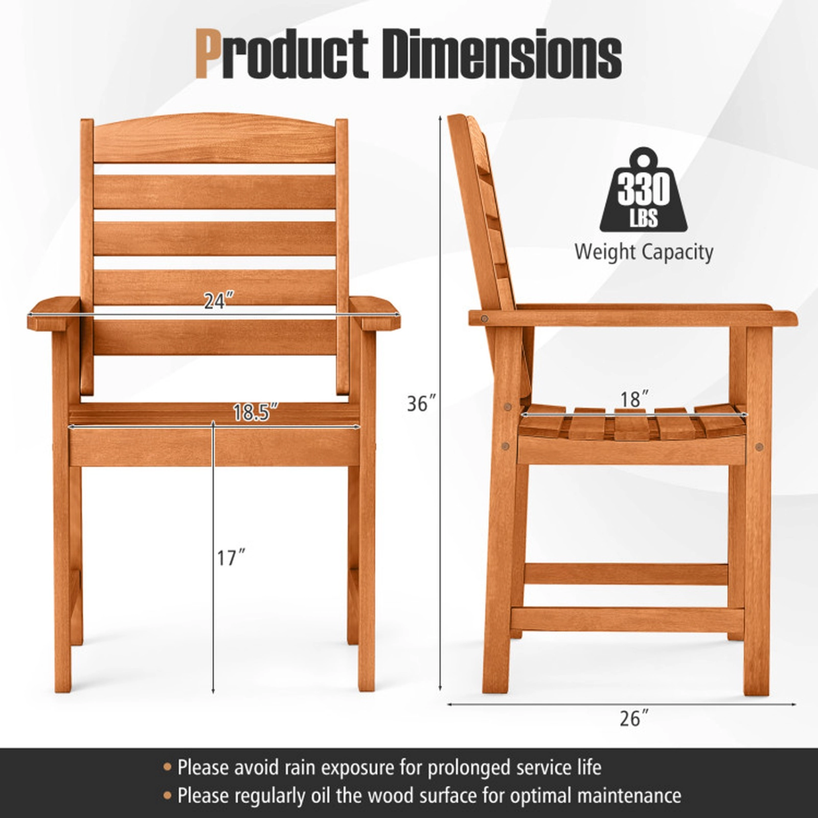 SUGIFT Set of 2 330-lb Capacity Natural Solid Wood Outdoor Dining Chairs with 105-Degree Inclined Backrest