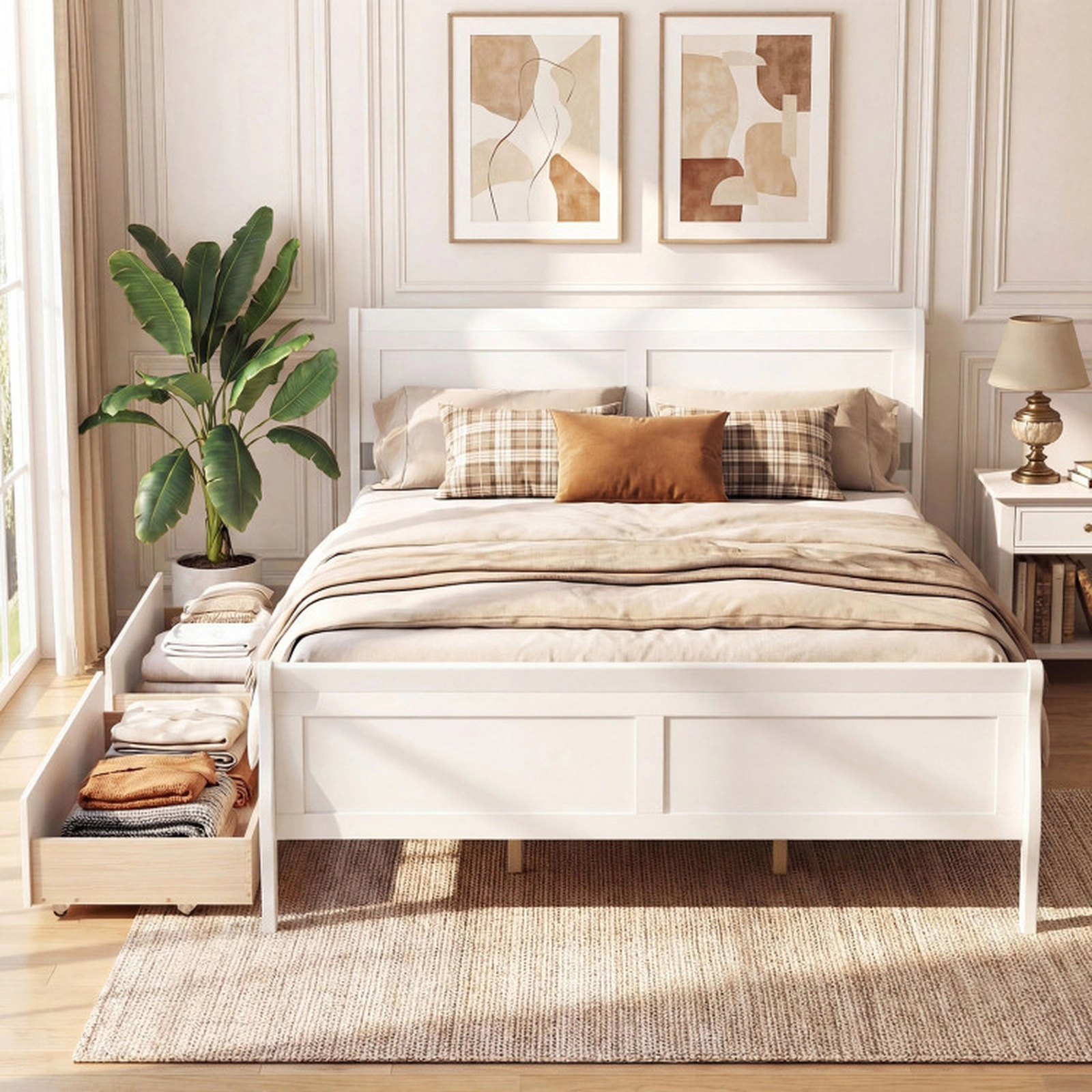 SUGIFT Modern Headboard Queen Bed Frame with 2 Storage Drawers and Footboard 350-Lb Capacity White
