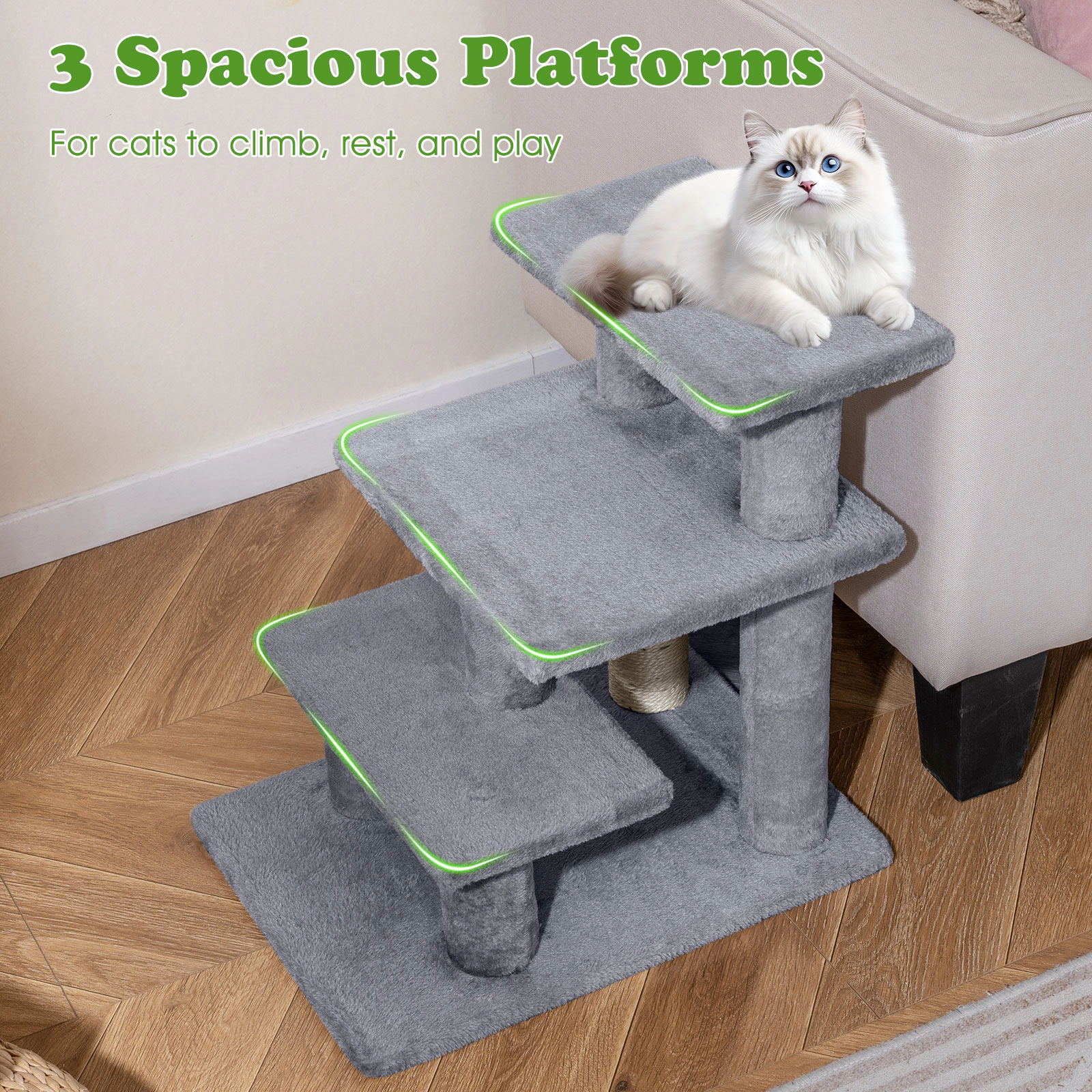 SUGIFT 18.5-in Gray 3-Tier Cat Stairs Pet Steps for High Bed and Sofa with Sisal Posts and Plush Treads