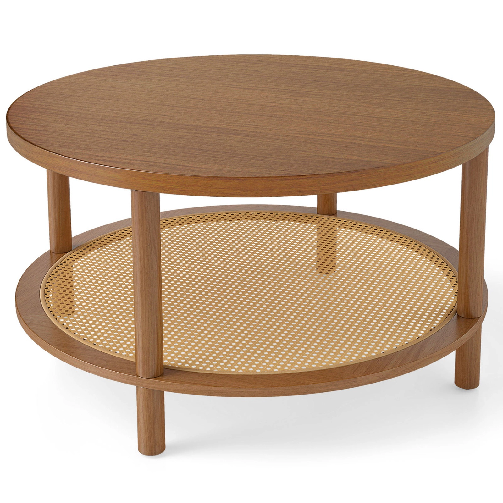 SUGIFT 2-Tier Round Wood Veneer Top PE Rattan Shelf Coffee Table 31.5-in x 31.5-in x 18-in 220-lb Capacity Walnut