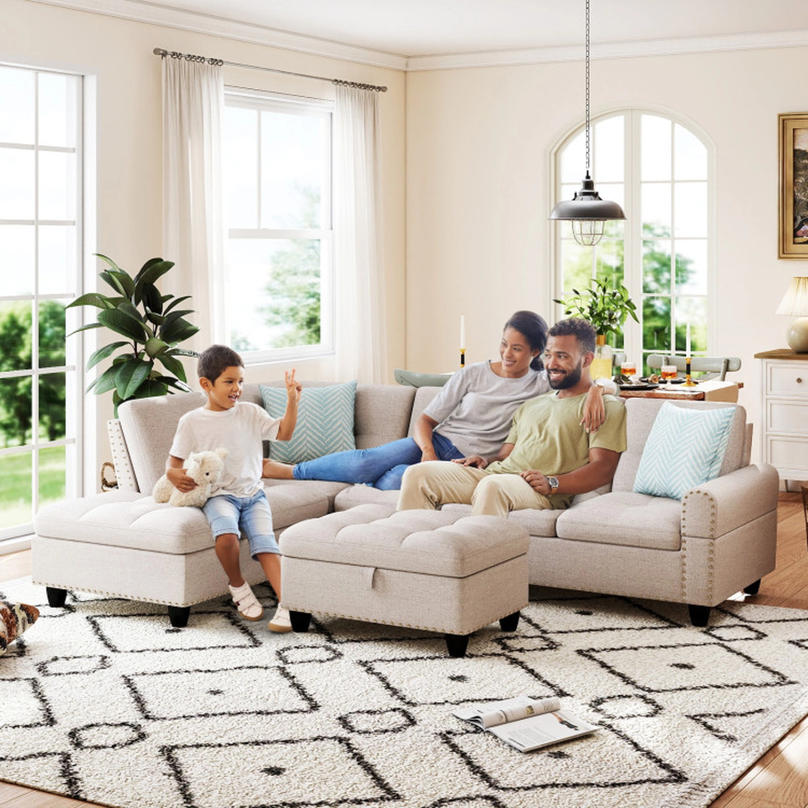 SUGIFT Movable Storage Ottoman and Chaise Linen Fabric 98 Sectional Sofa Couch