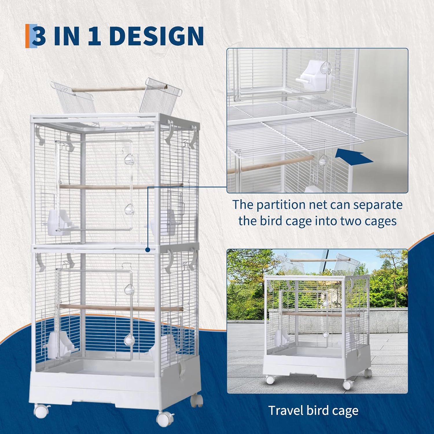 Double-Layer Transparent Bird Cage, Metal-Plastic Rolling Aviary for Small-Medium Pet Birds, White