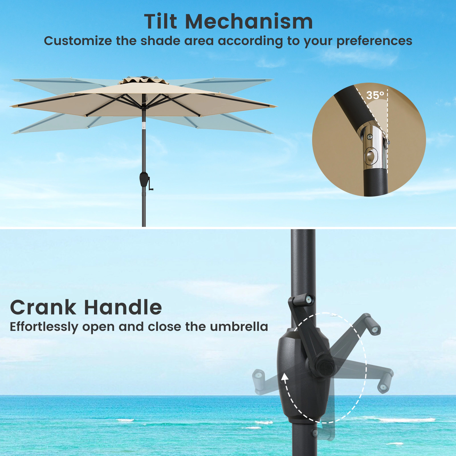 SUGIFT 7.5-ft Outdoor Heavy Duty Market Patio Umbrella with Crank Lift and Push Button Tilt 7.2-ft Tall Beige