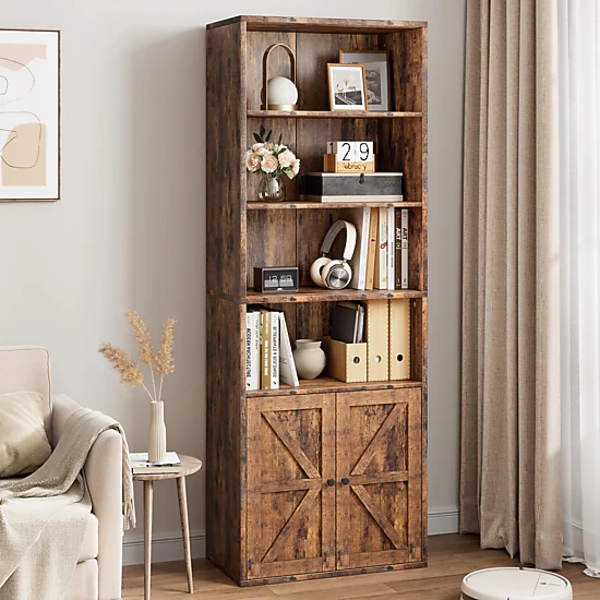 BebreezChic Tall Bookcase with Doors, 4-Tier Wooden Bookshelf