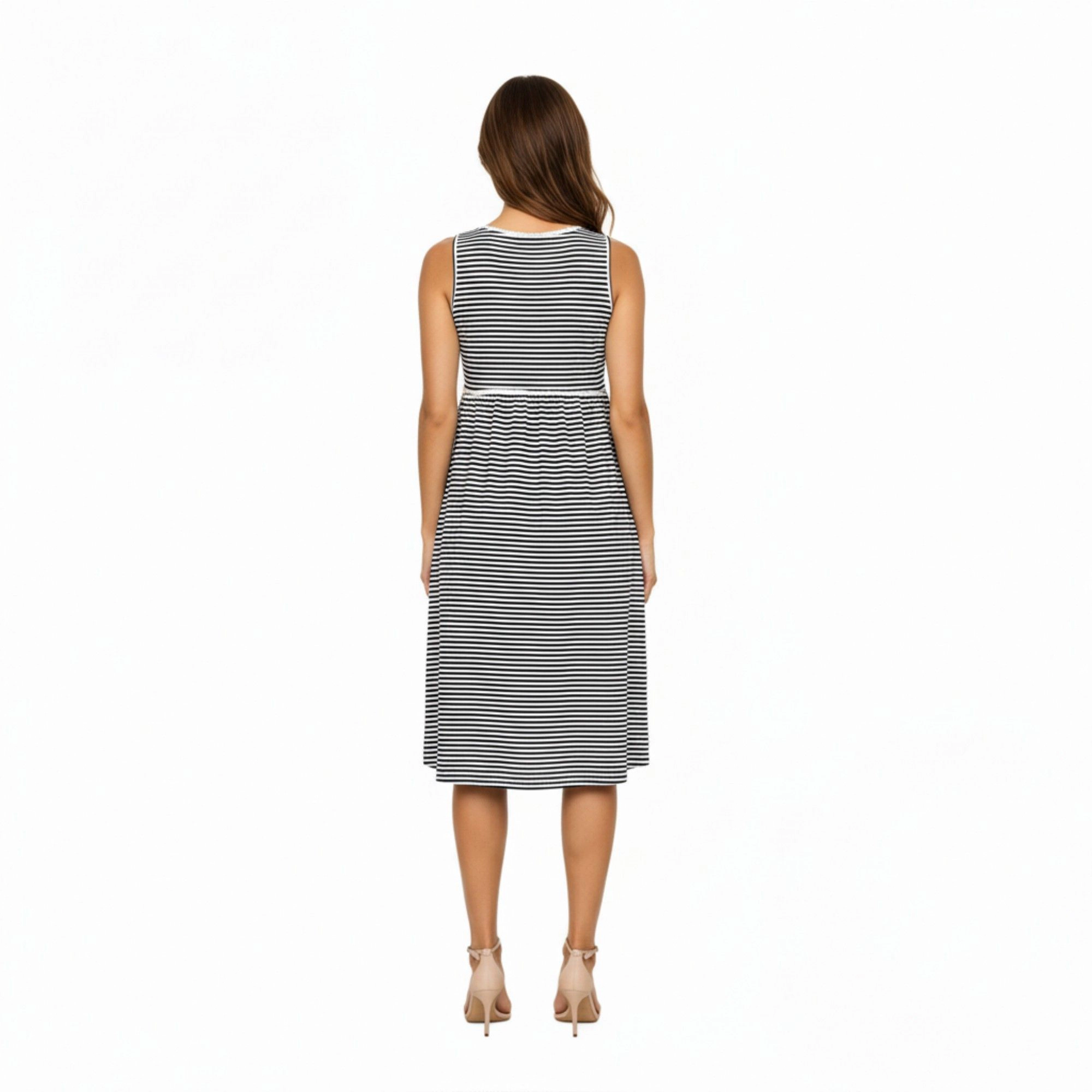 Anna-Kaci Women's Maternity Sleeveless Stripe Soft Stretch Knit Fabric Flattering Empire Waist Midi Dress
