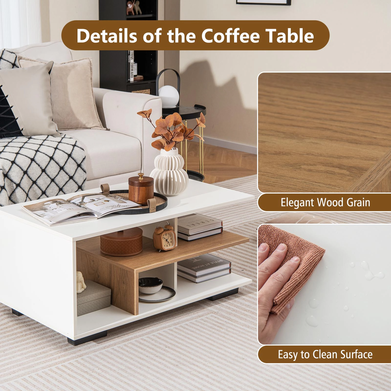 SUGIFT 3-Tier L-Shaped Middle Shelf Wood Rectangular Coffee Table 35.5-in x 19.5-in x 16.5-in 110-lb Capacity White