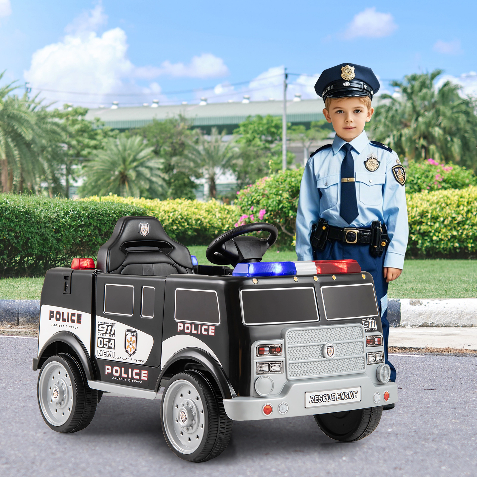 SUGIFT 12V Black Kids Ride-On Police Car with Megaphone Remote Control Siren and FM Radio 66-lb Rider