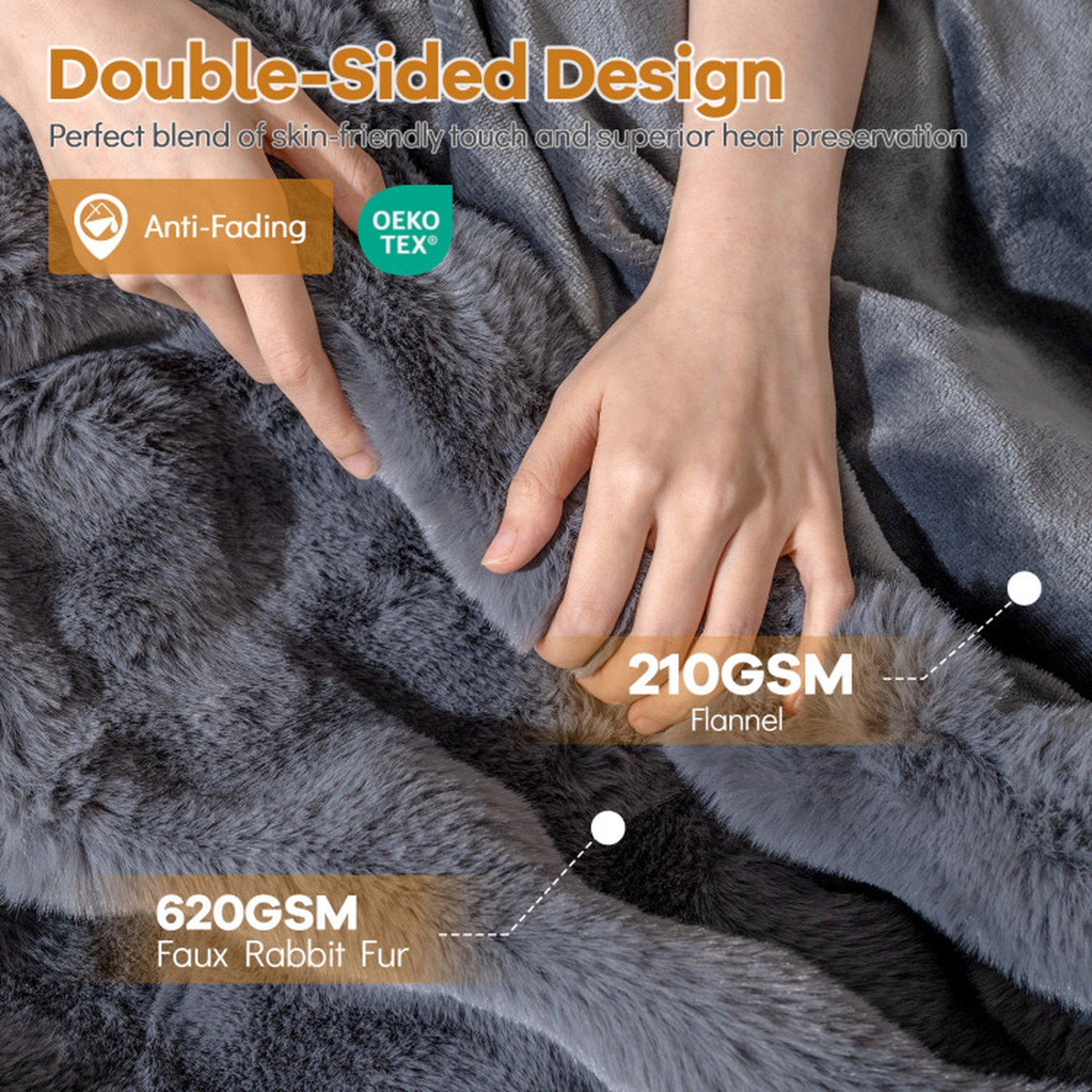 SUGIFT Twin Size Double Sided Faux Rabbit Fur Flannel Blanket 620GSM Fur 210GSM Flannel 60 x 80-in 6.5-lb Gray
