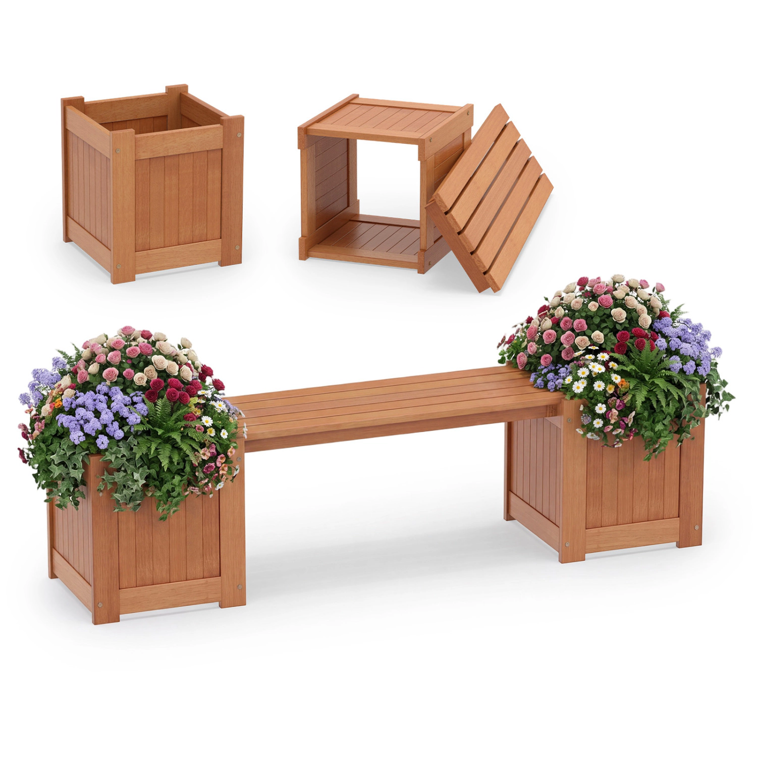 LJG Hardwood Planter Box with Bench Garden Bench with 2 Side Flower Boxes