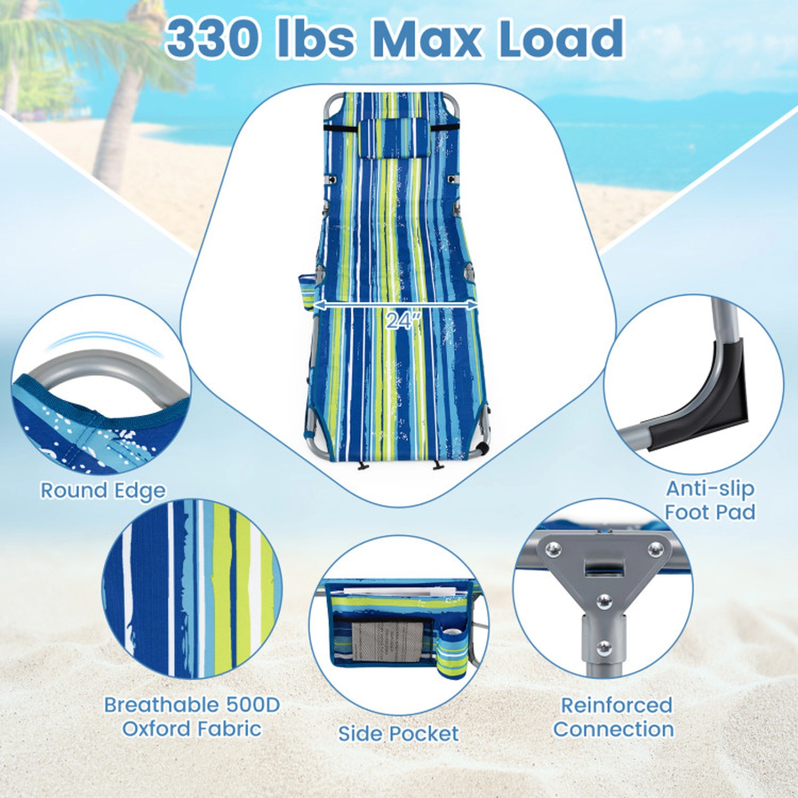 SUGIFT Set of 2 Portable Tanning Chairs with Face and Arm Holes 330-Lb Capacity 4-Level Backrest Blue & Green