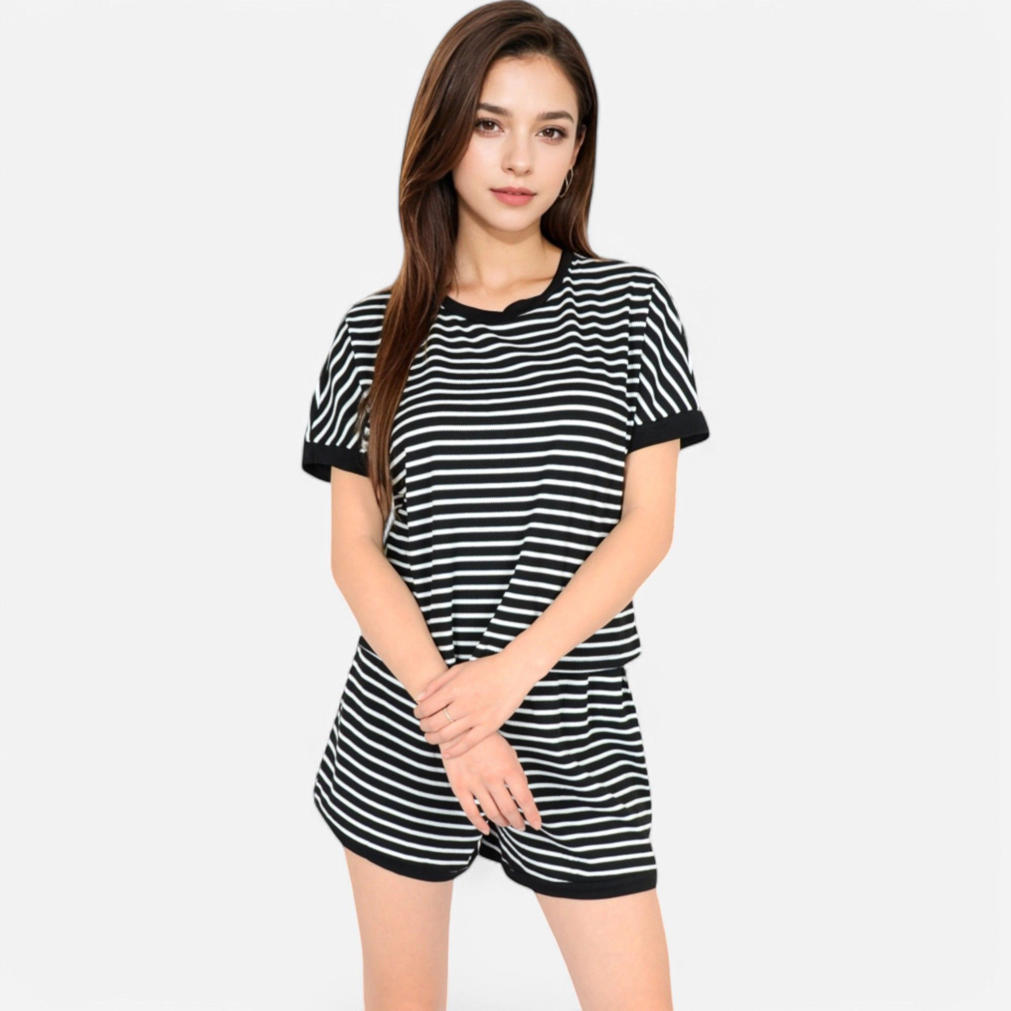 Anna-Kaci Women's Striped Lounge Set with Cuffed Short Sleeve Top and Elastic Waist Shorts