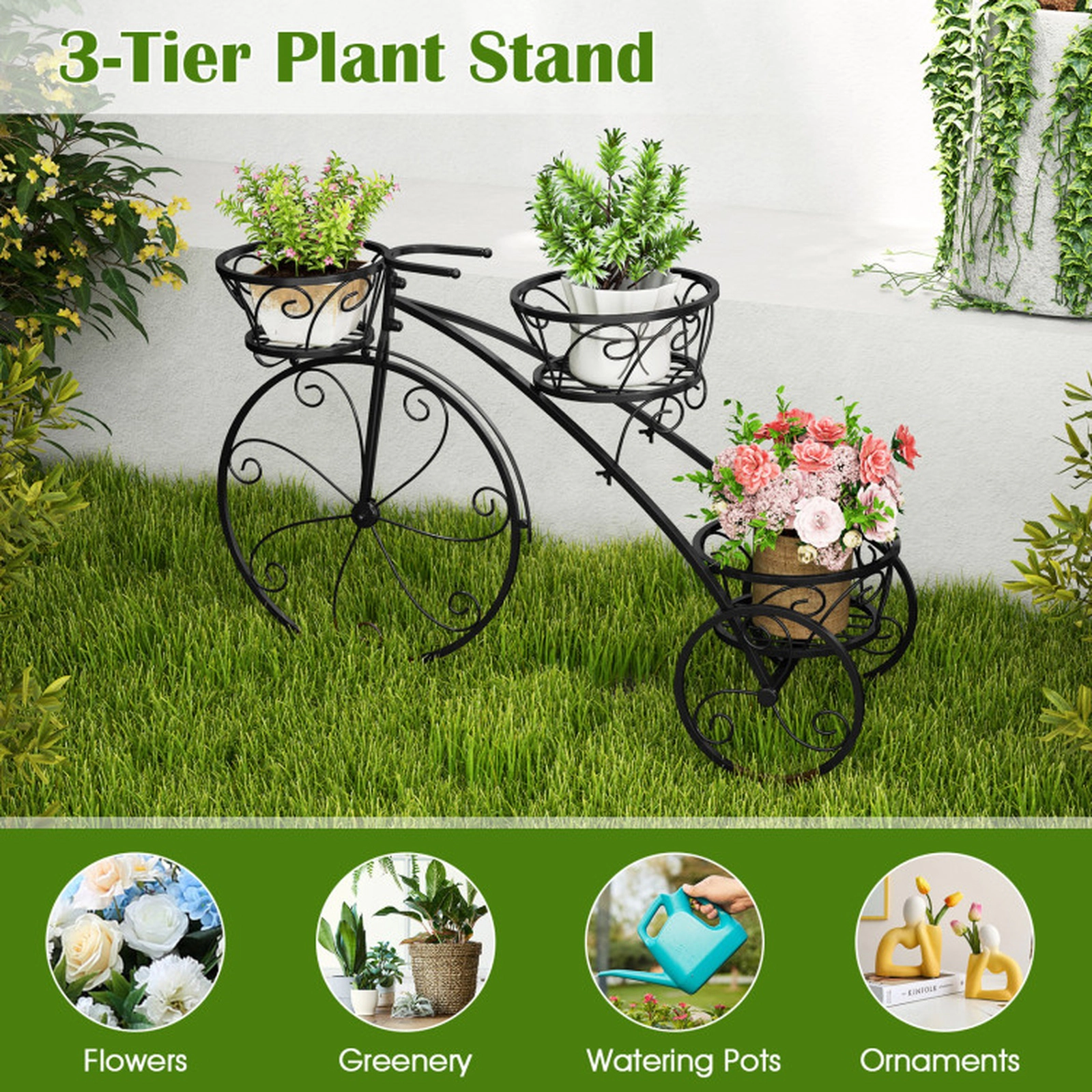 SUGIFT 3-Tier Tricycle Plant Stand Flower Pot Cart Holder with 3 Hollowed Baskets 11-lb Capacity Black