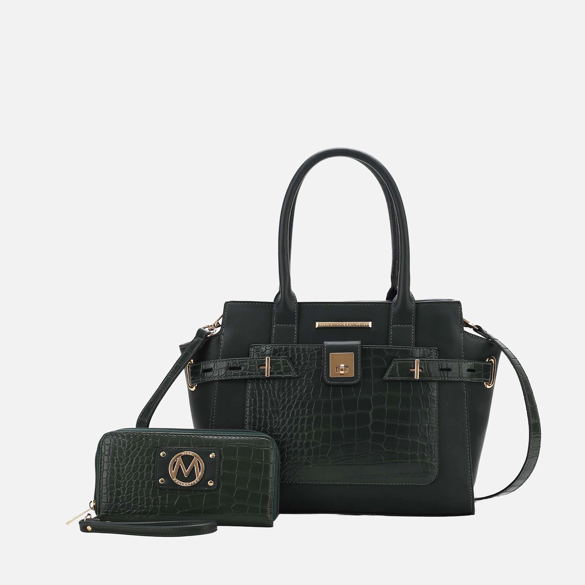 Mia K Collection Isla Satchel Bag - Vegan Leather with Croc-Embossed Detail and Matching Wallet