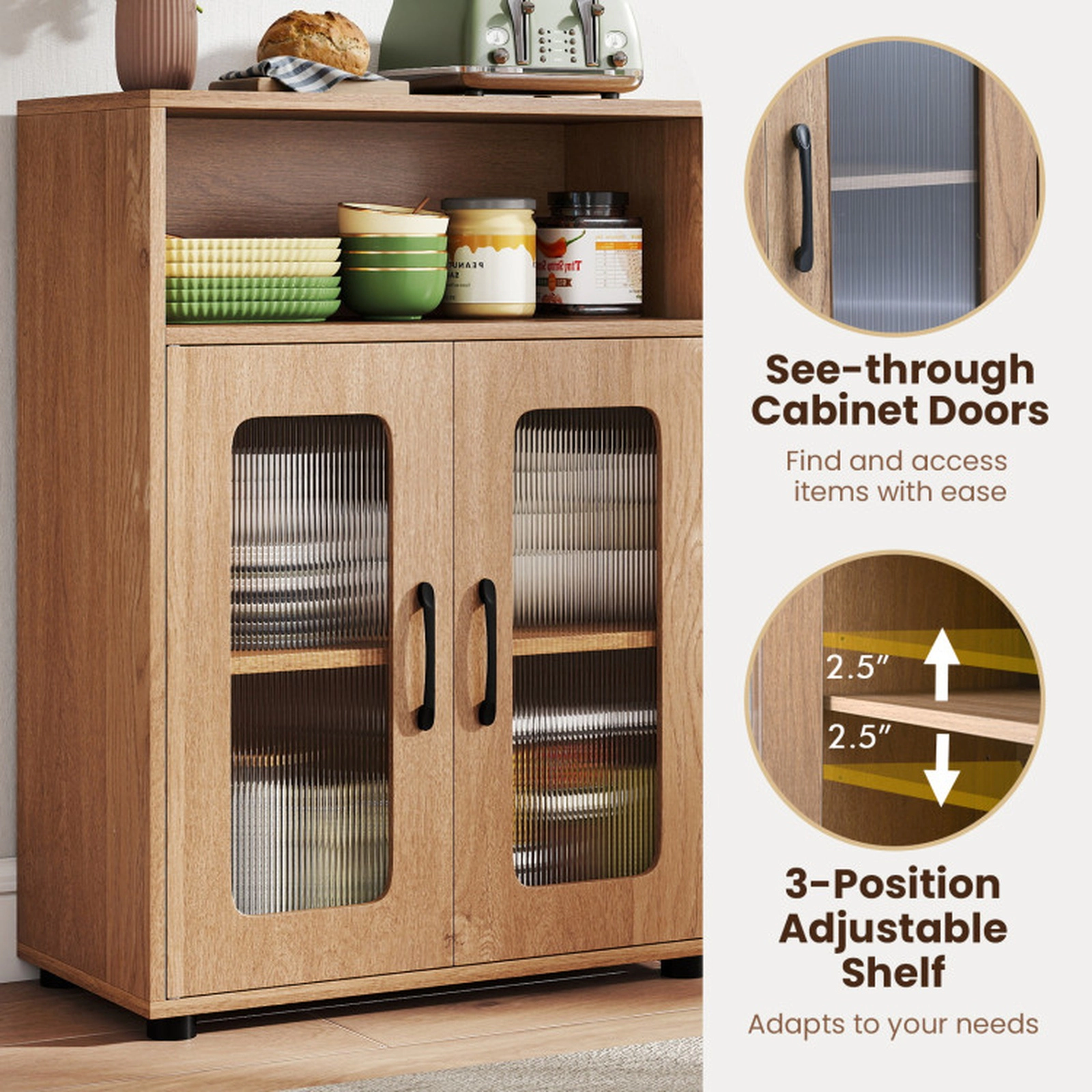 SUGIFT 2-Door 3-Level Adjustable Shelf Freestanding Bathroom Cabinet 24-in x 12-in x 33-in 155-lb Capacity Natural