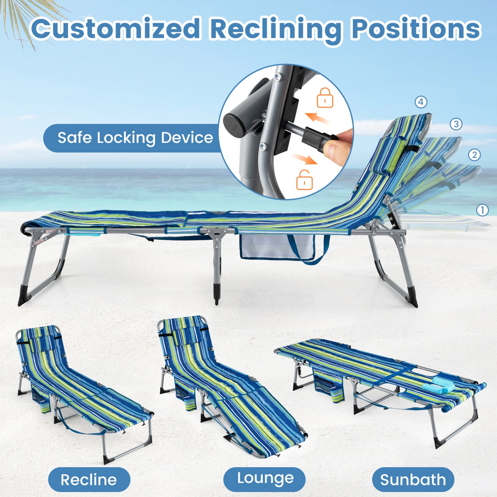 SUGIFT Face Hole 4-Level Adjustable Backrest Portable Tanning Chair Sunbathing Chaise Lounge