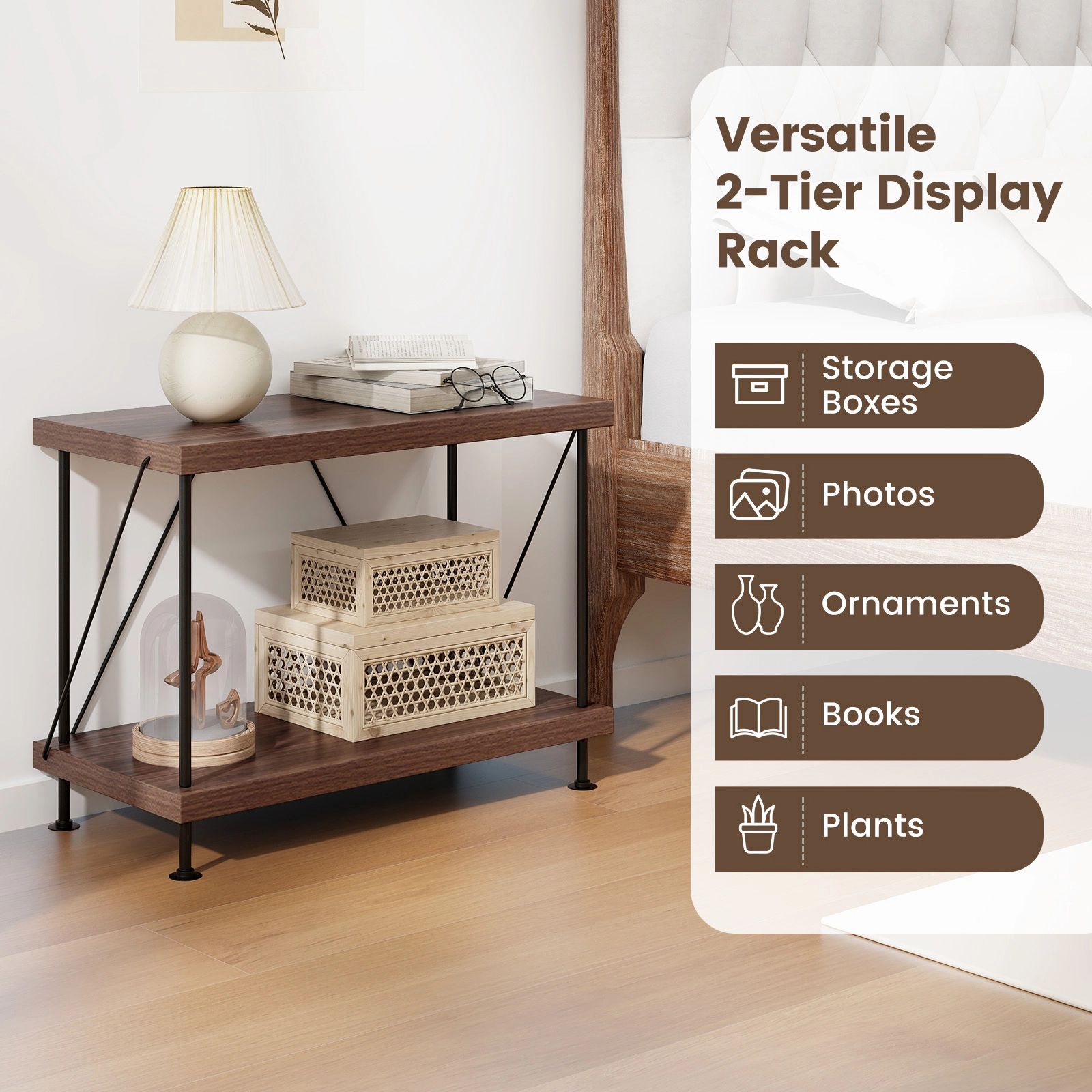 SUGIFT 2-Tier Walnut 18-in Small Bookshelf Storage Shelf with Metal Frame and Multipurpose Display Rack