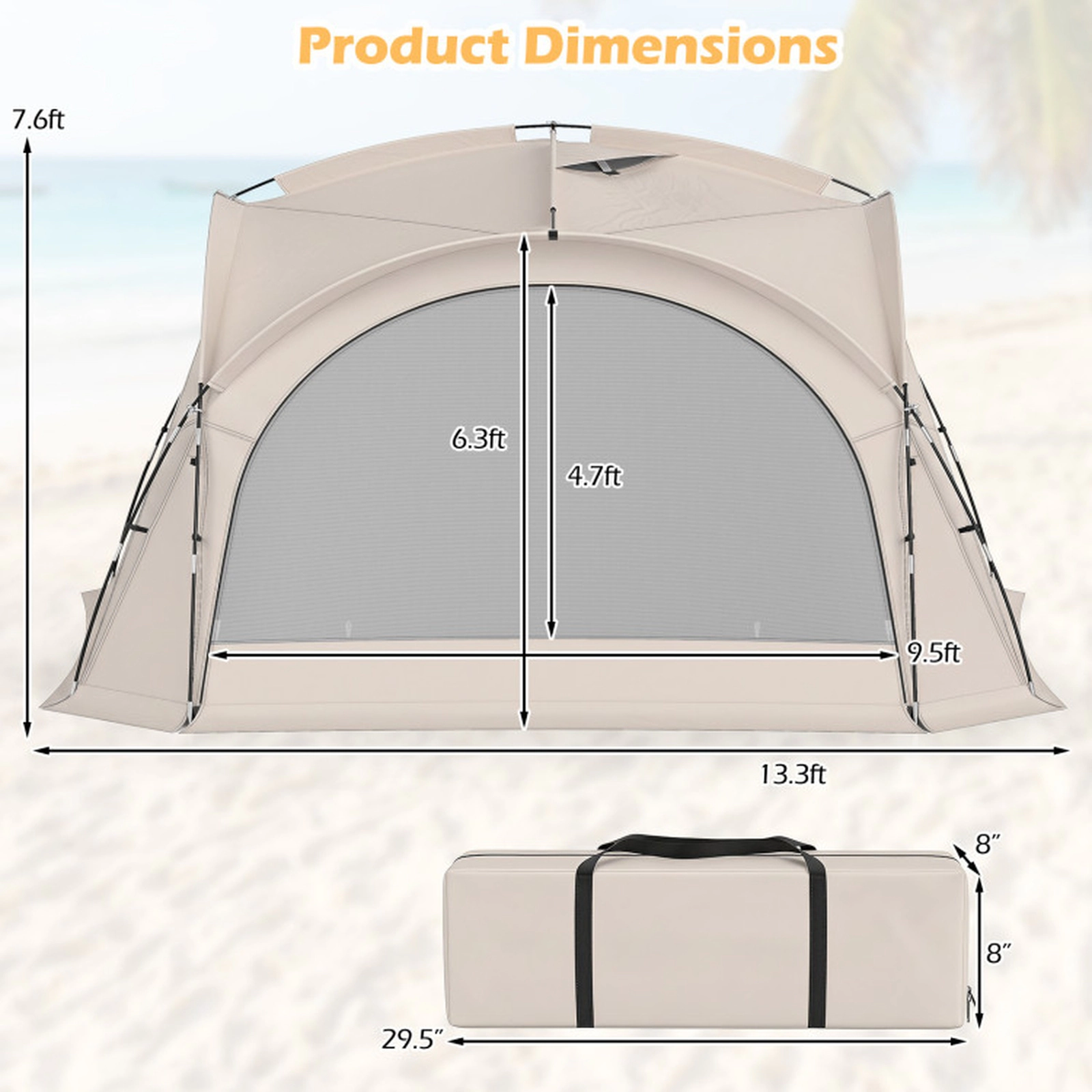 SUGIFT 12-15 Person Beige Dome Beach Canopy Tent with 4 Removable Zippered Sidewalls 13.3-ft W 13.3-ft D 7.6-ft H