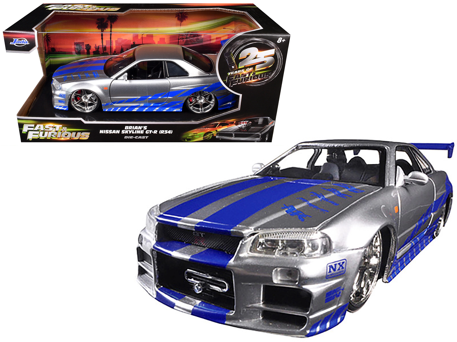 Jada Brian's Nissan GTR Skyline R34 RHD (Right Hand Drive) Silver with Blue Stripes "Fast & Furious 25th