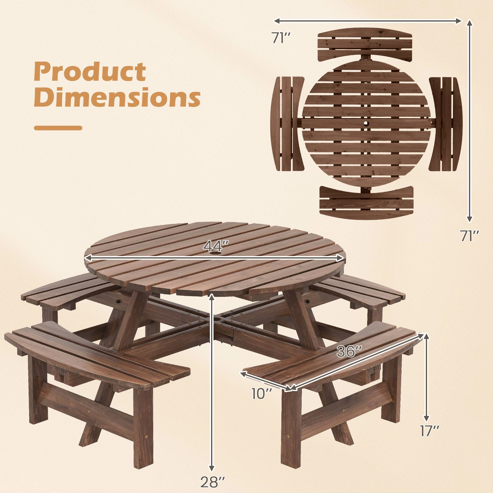 SUGIFT Brown Fir Wood Benches for Patio and Camping 8-Person Round Picnic Table Set