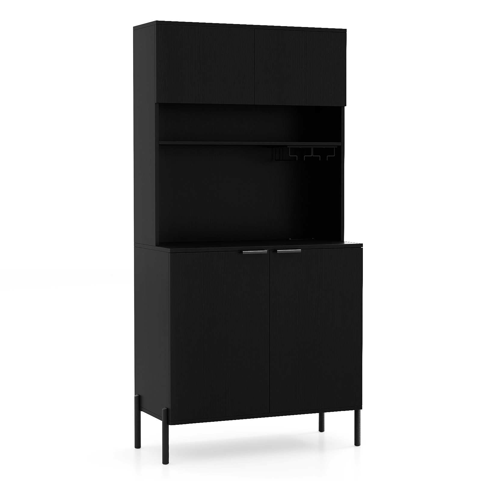 SUGIFT 64.5-in Tall 90-lb Countertop Black Pantry Cabinet with Charging Station Wine Glass Rack and Open Shelf