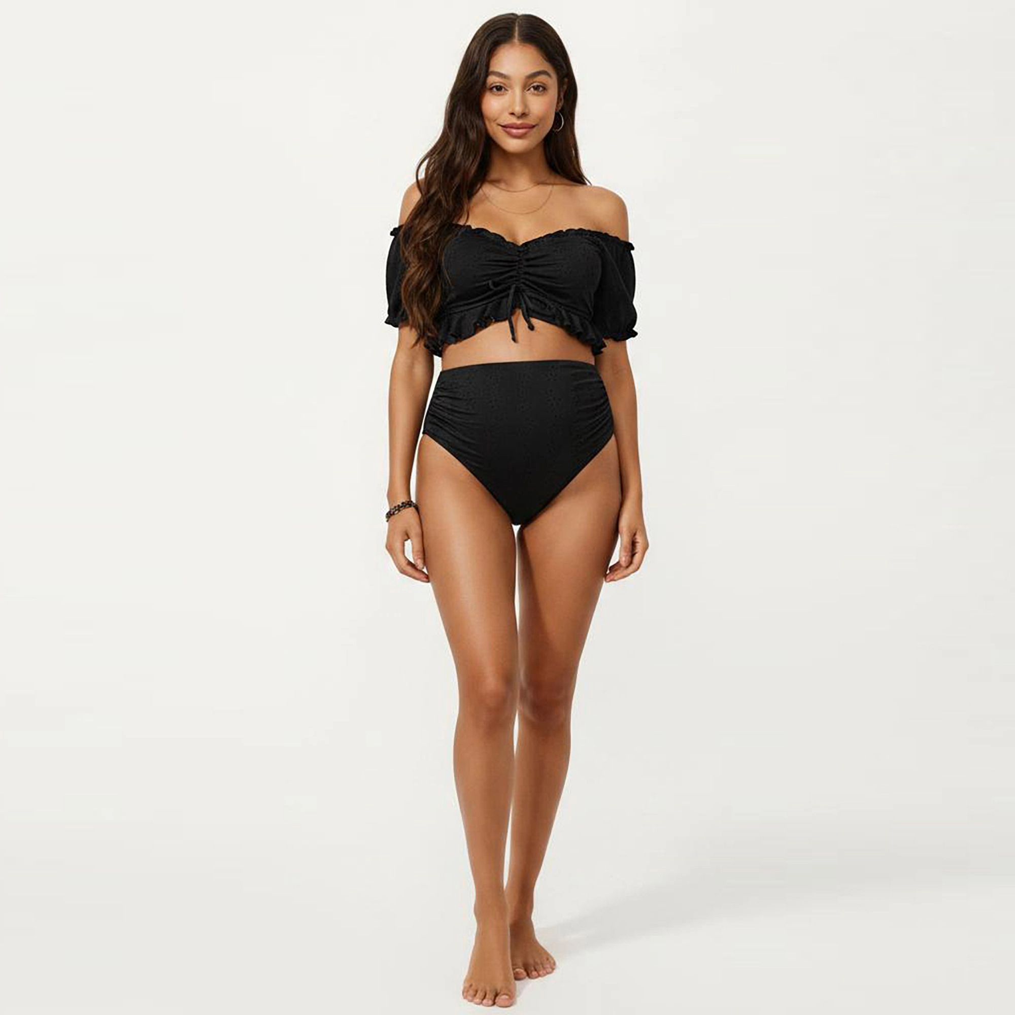 Anna-Kaci Women’s Maternity Off-Shoulder Ruffle Top and High-Waisted Tummy Control Bottoms