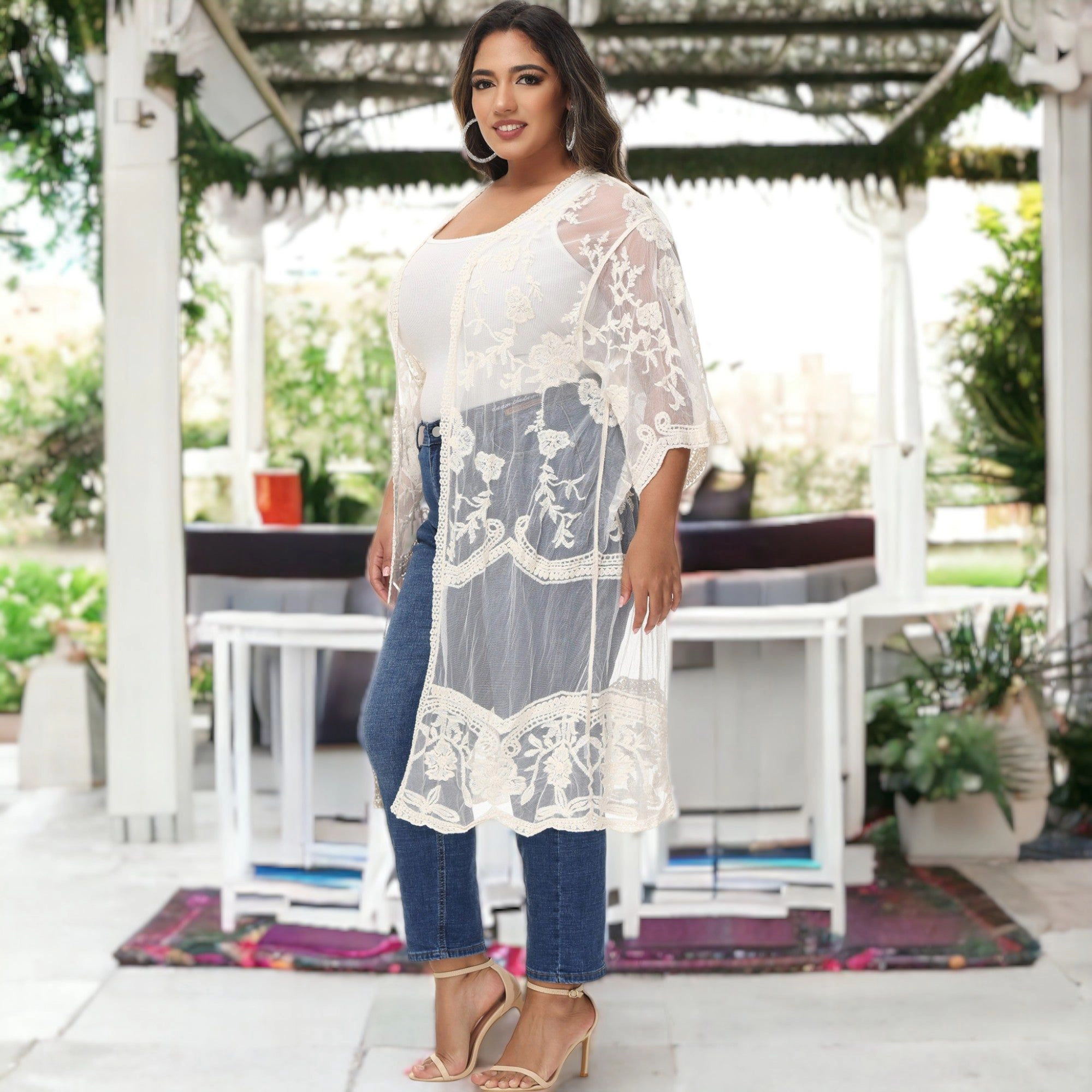 Anna-Kaci Women's Plus Lace Cardigan Short Sleeve Open Front Floral Crochet Long Duster