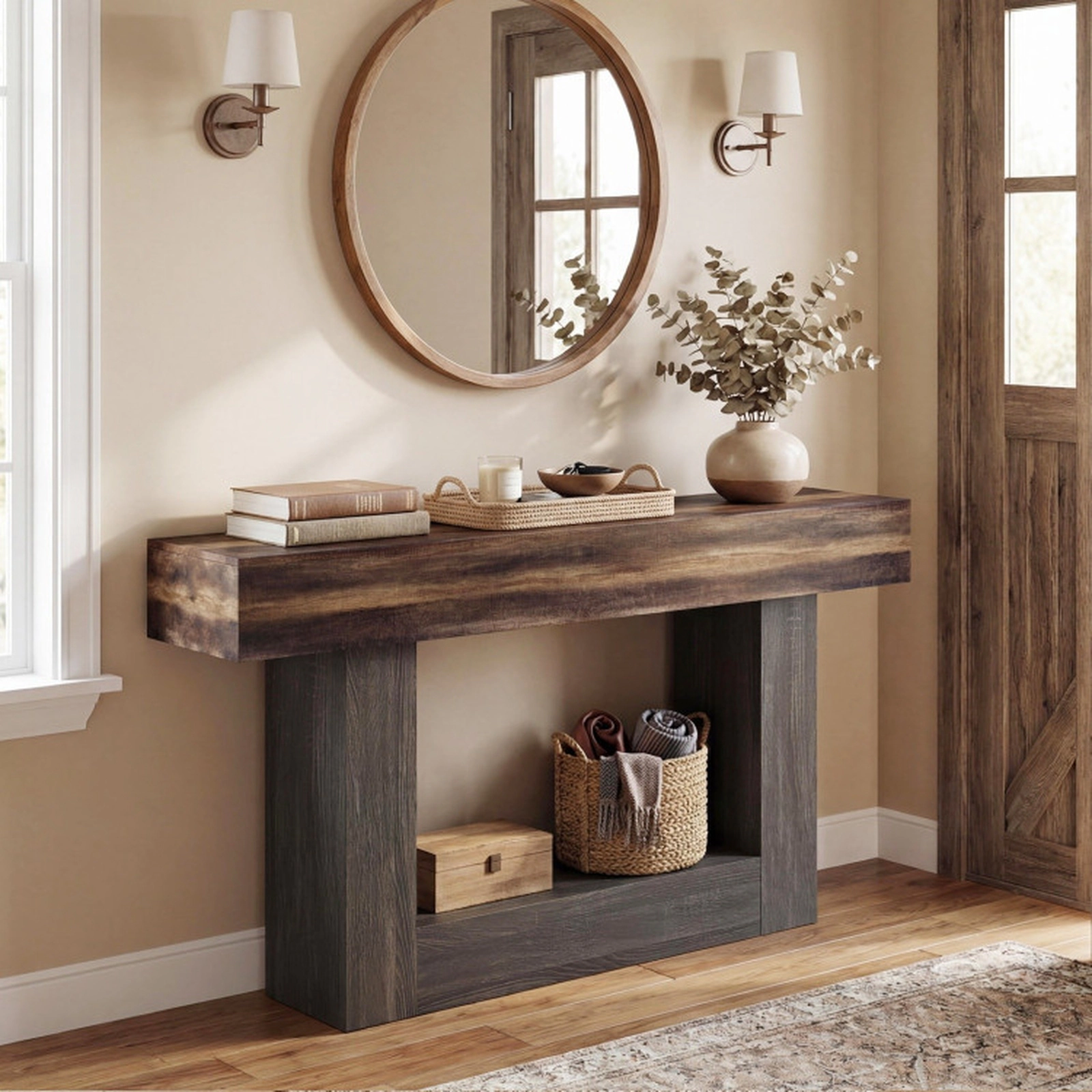 SUGIFT 2-Tier Farmhouse Console Table 63-in Long with Storage Shelf 265-lb Tabletop Capacity Rustic Brown + Black