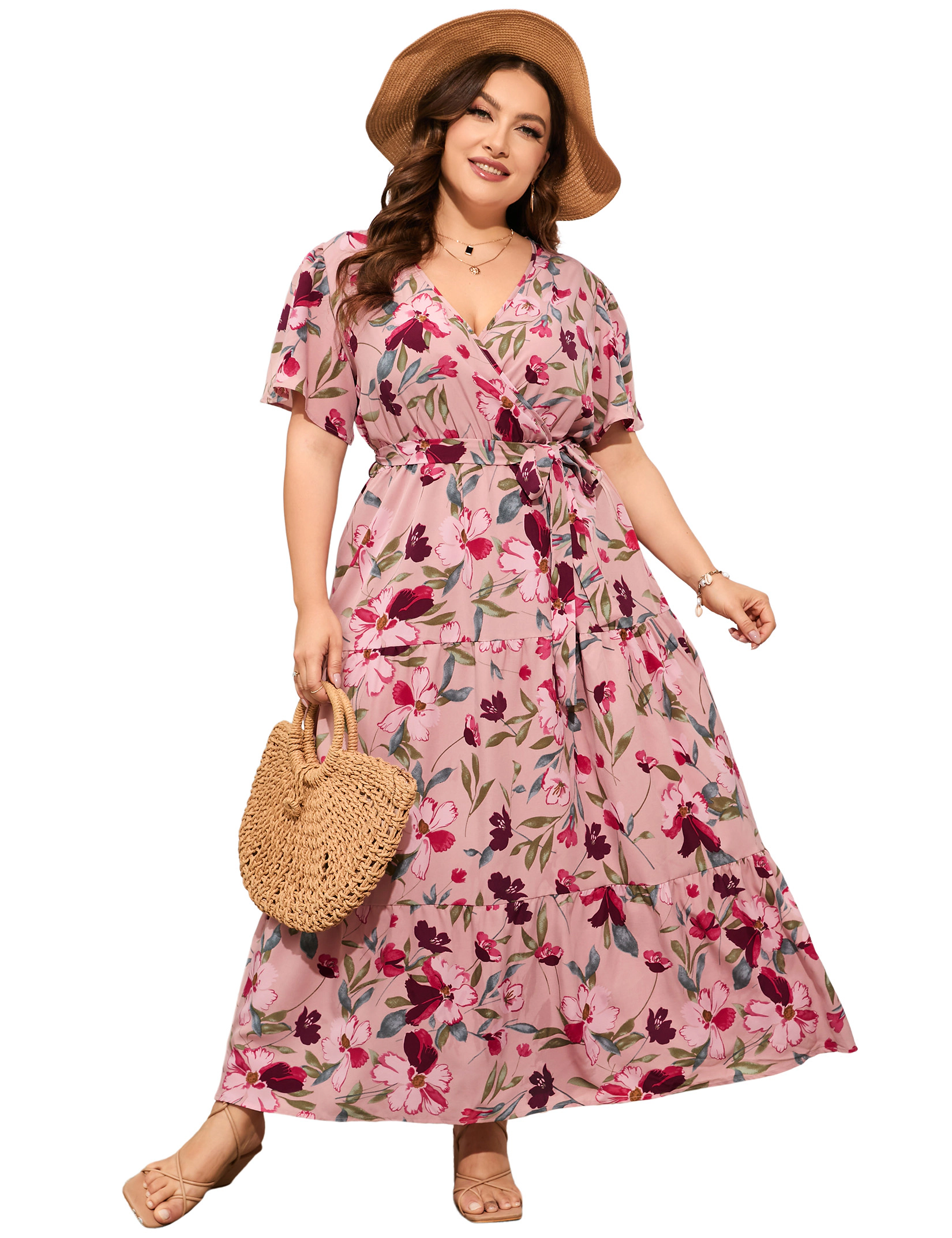 KOJOOIN Women's Plus Tropical Dresses V Neck Short Sleeve Floral Long Summer Casual Dress
