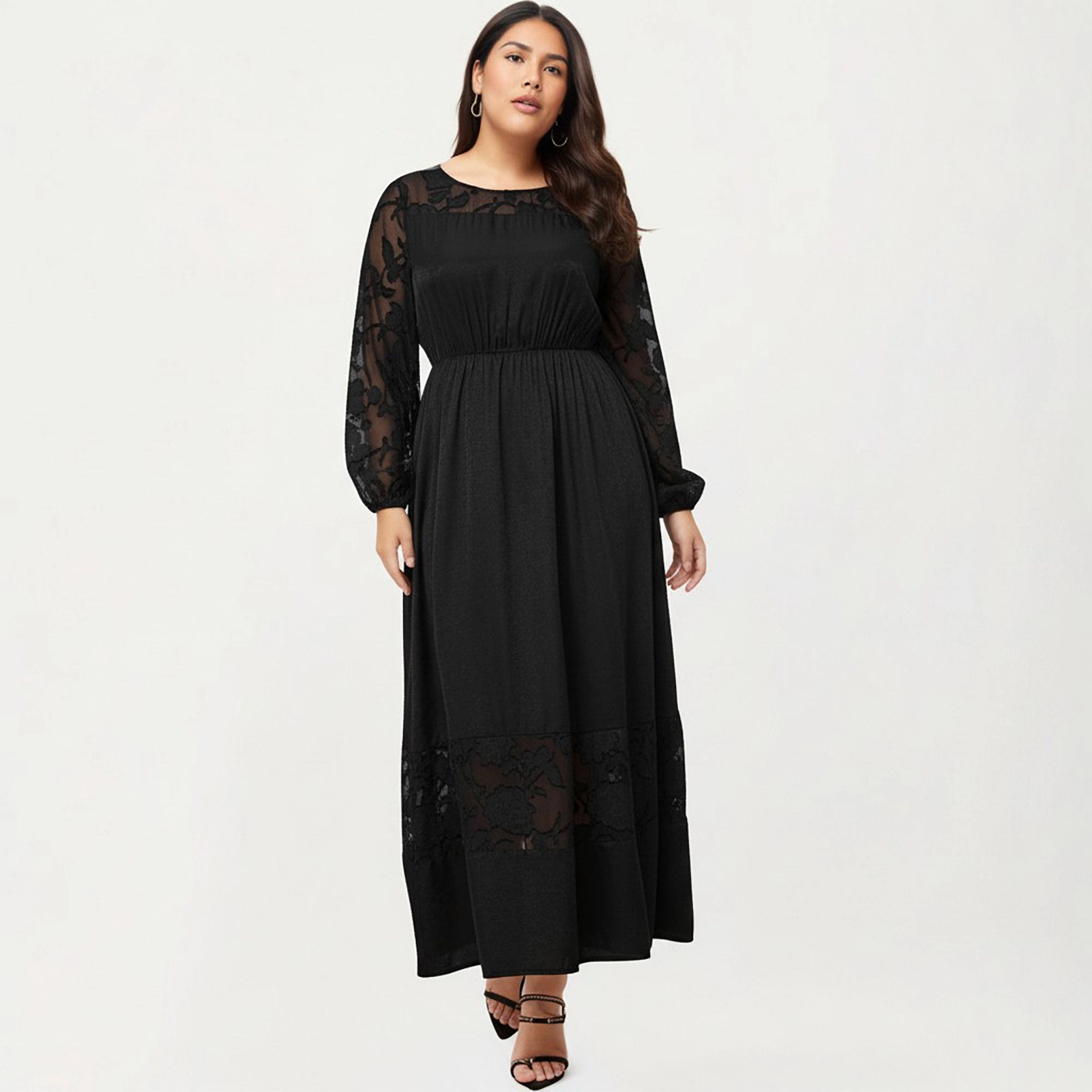 Anna-Kaci Women's Plus Long Sleeve Sheer Lace Sleeves Elastic Waist Hem Panel Maxi Dress