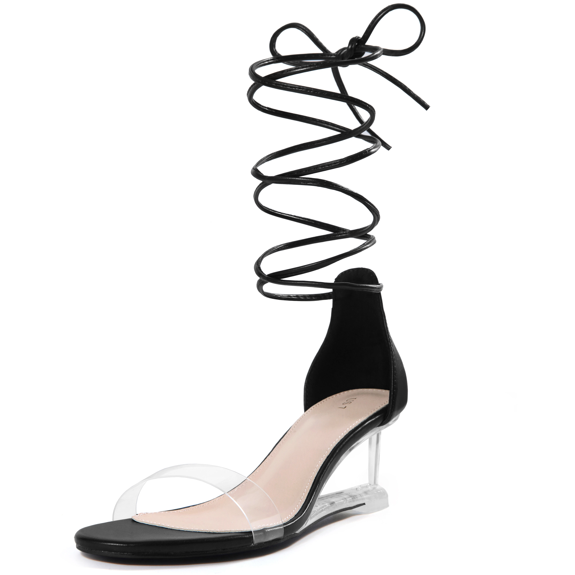 BLISSFUL STEP Women's Clear Strap Lace Up Open Toe Wedges Heel Sandals