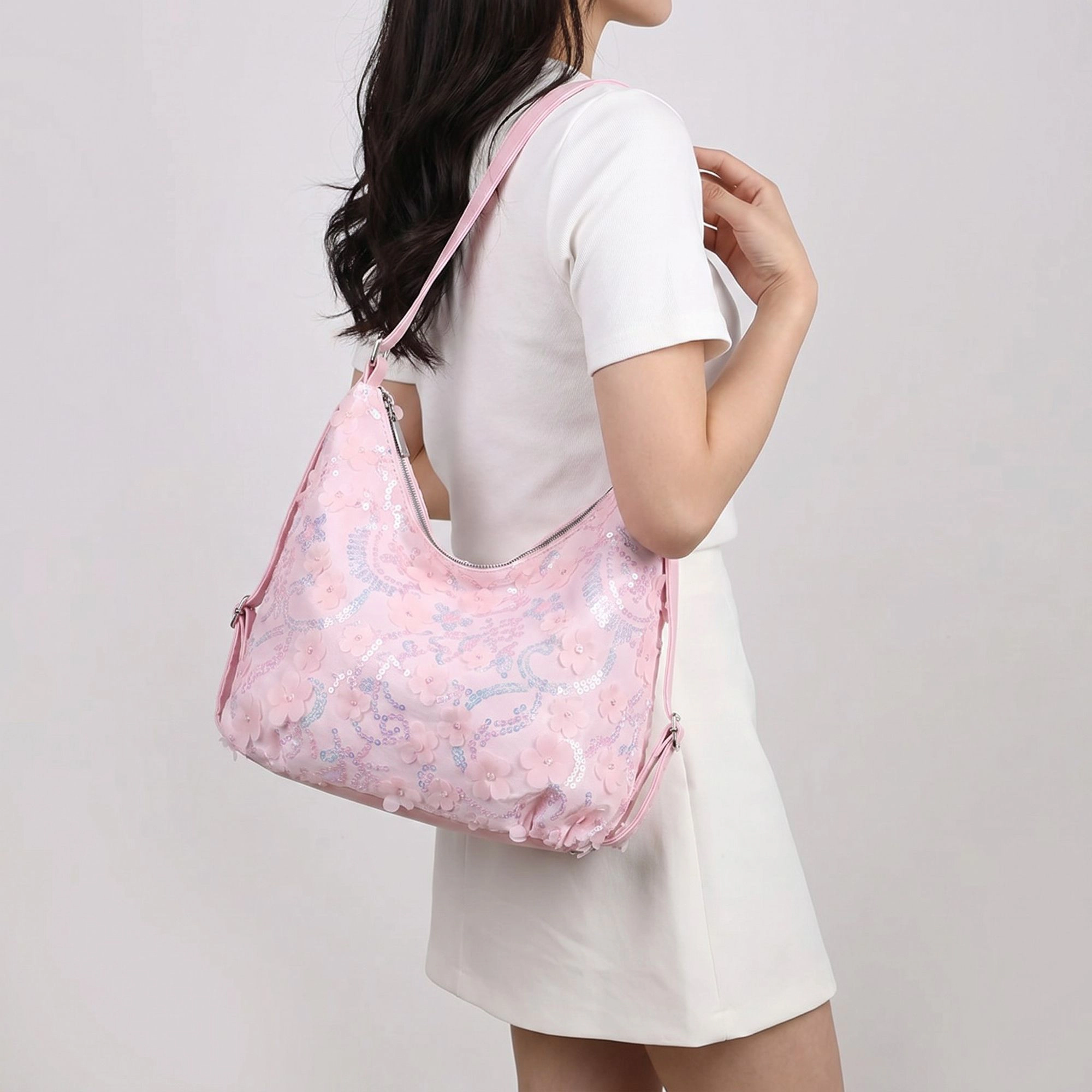 Alilang Women's Floral Sequin Hobo Shoulder Bag with 3D Applique Details and Adjustable Strap