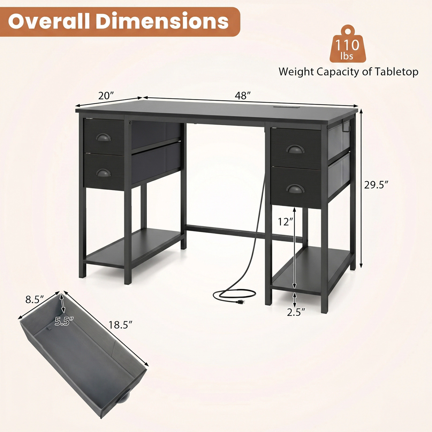 LJG 48 Inches Computer Desk with Power Outlet Home Office 4 Fabric Drawers