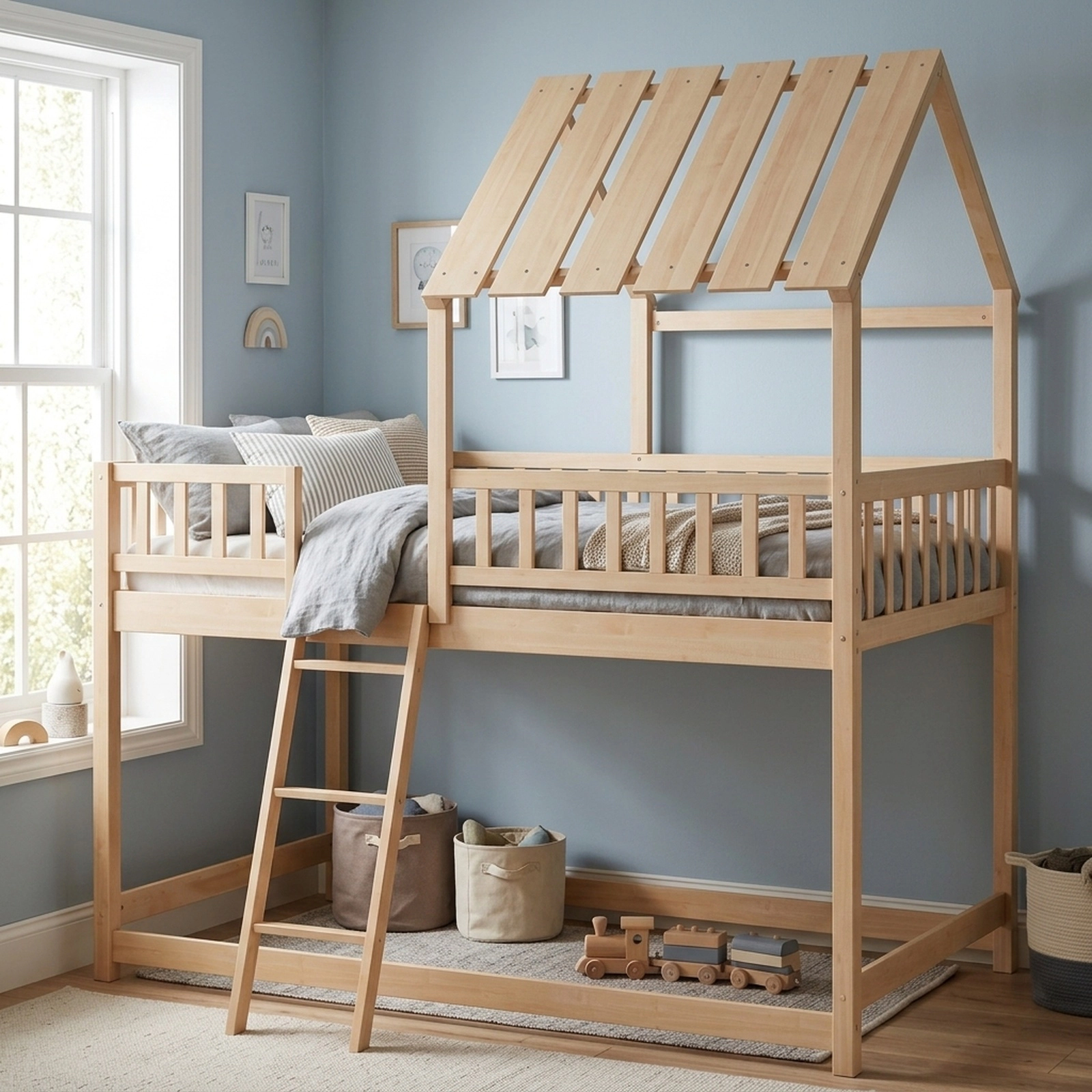 Twin Over Twin House Bunk Bed with Roof and Full-Length Guardrails Solid Pine Wood Kids Bunk Bed Natural