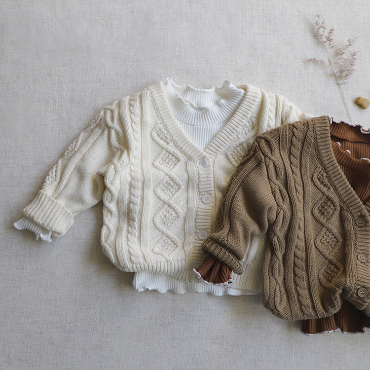 MyKids-USA Baby Crochet Kint Pattern Solid Color V-Neck Single Breasted Cardigan