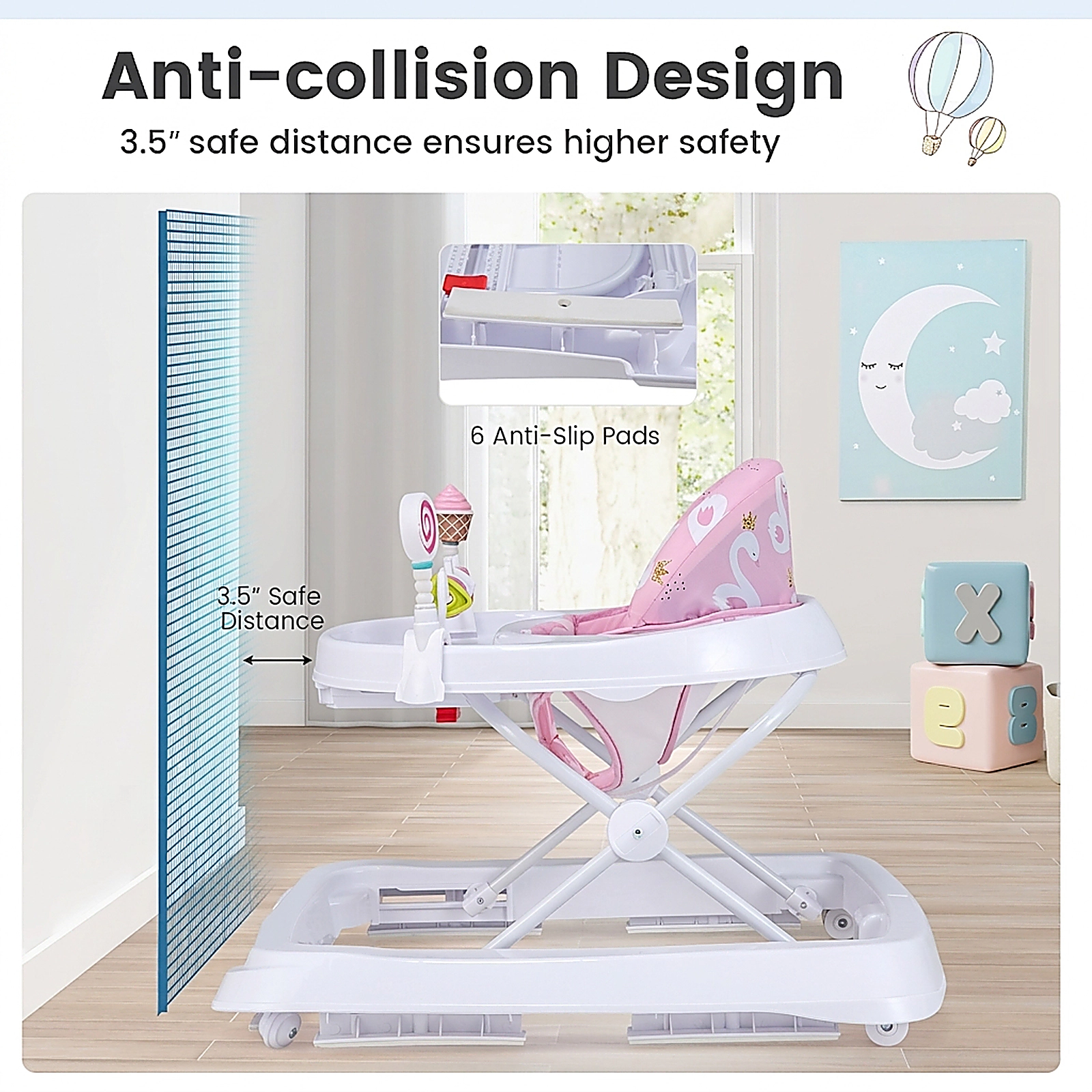 SUGIFT Foldable Baby Activity Walker Pink with Detachable Seat Cushion and Anti-Collision Frame