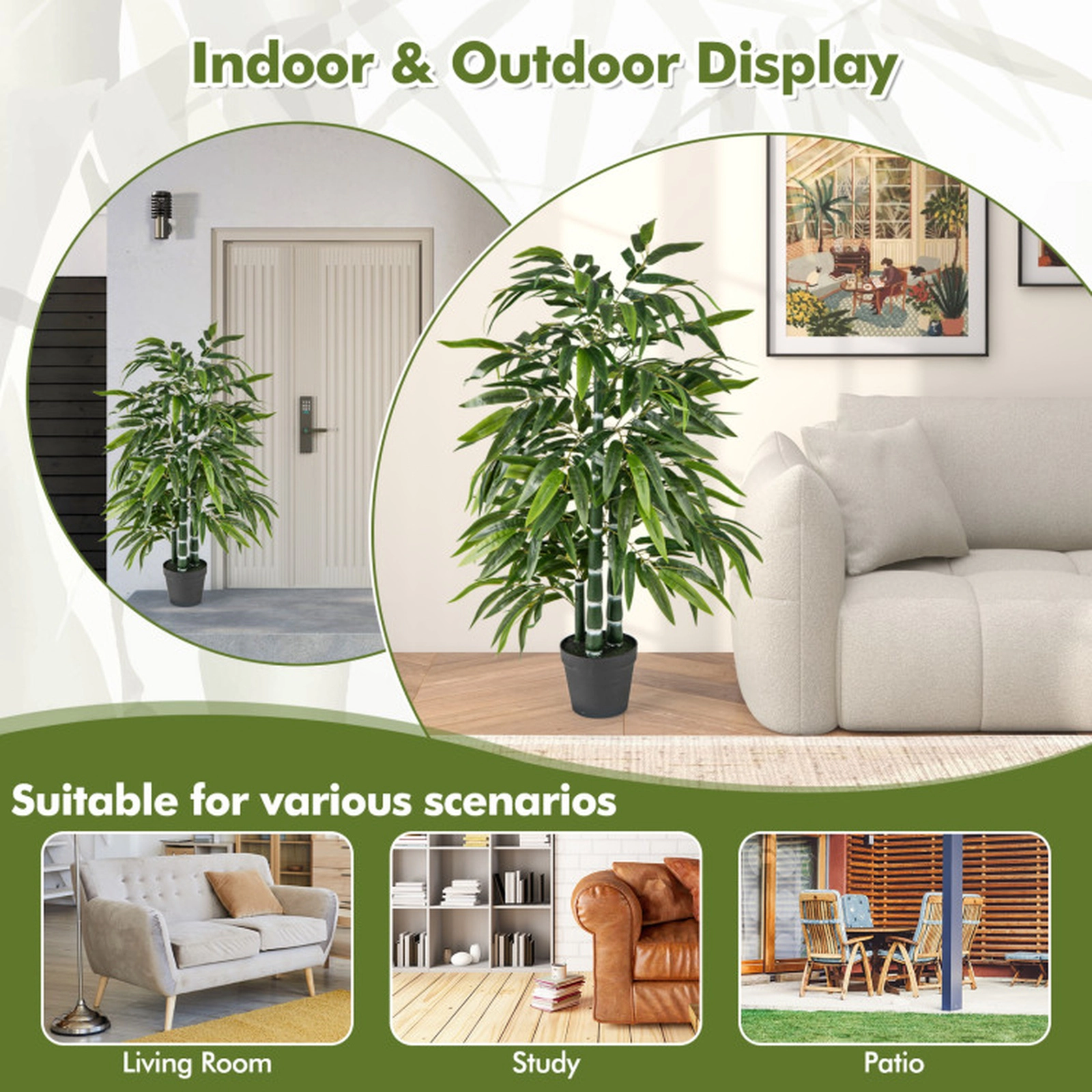 SUGIFT 2-Pack Artificial Bamboo Leaf Trees with 3 PE Trunks 50-in Tall with Weighted Cement Base Green Black