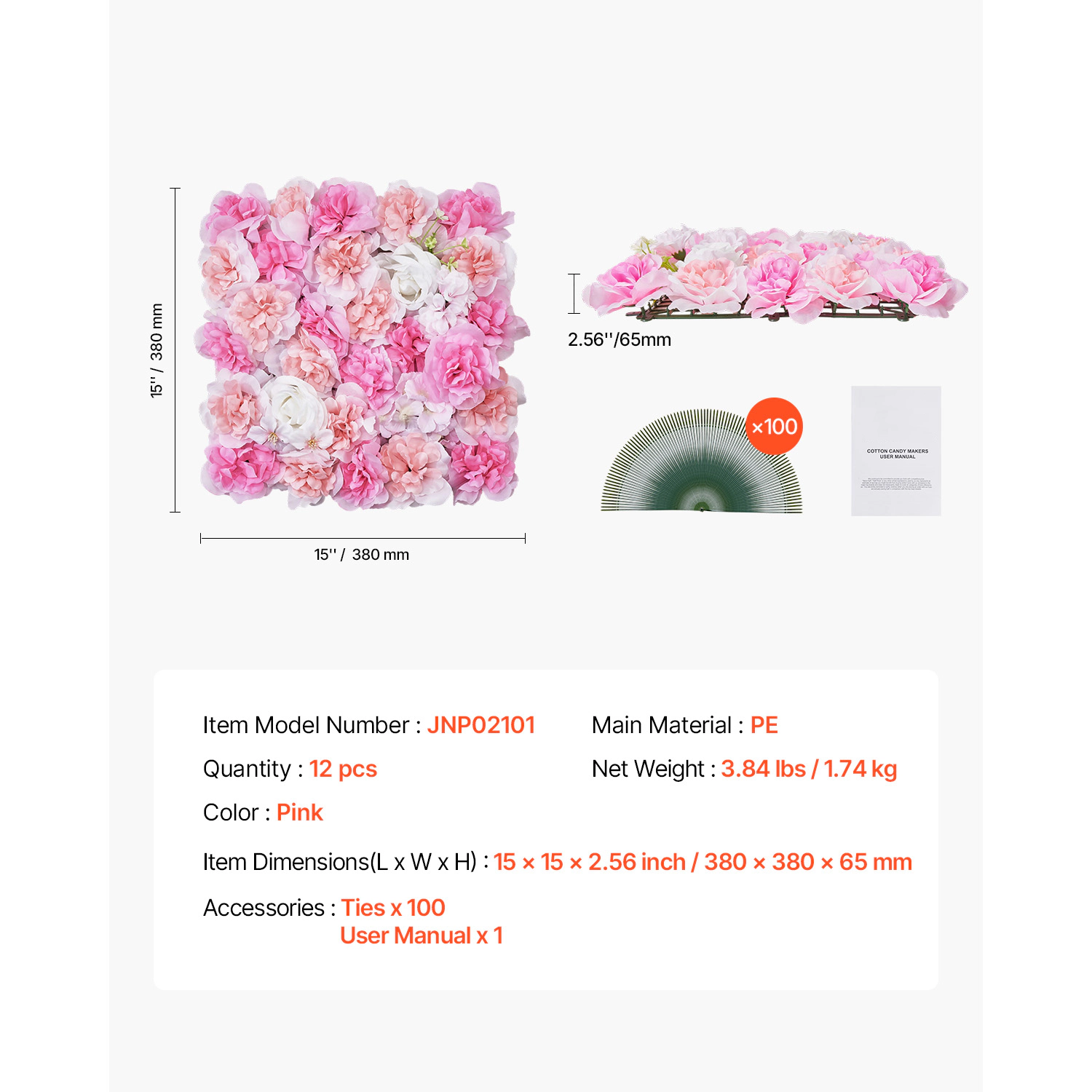 HONGGE 3D Flower Wall Panel 15 x inch Artificial Floral Background Mesh Backing Mat Seamless Design&Easy