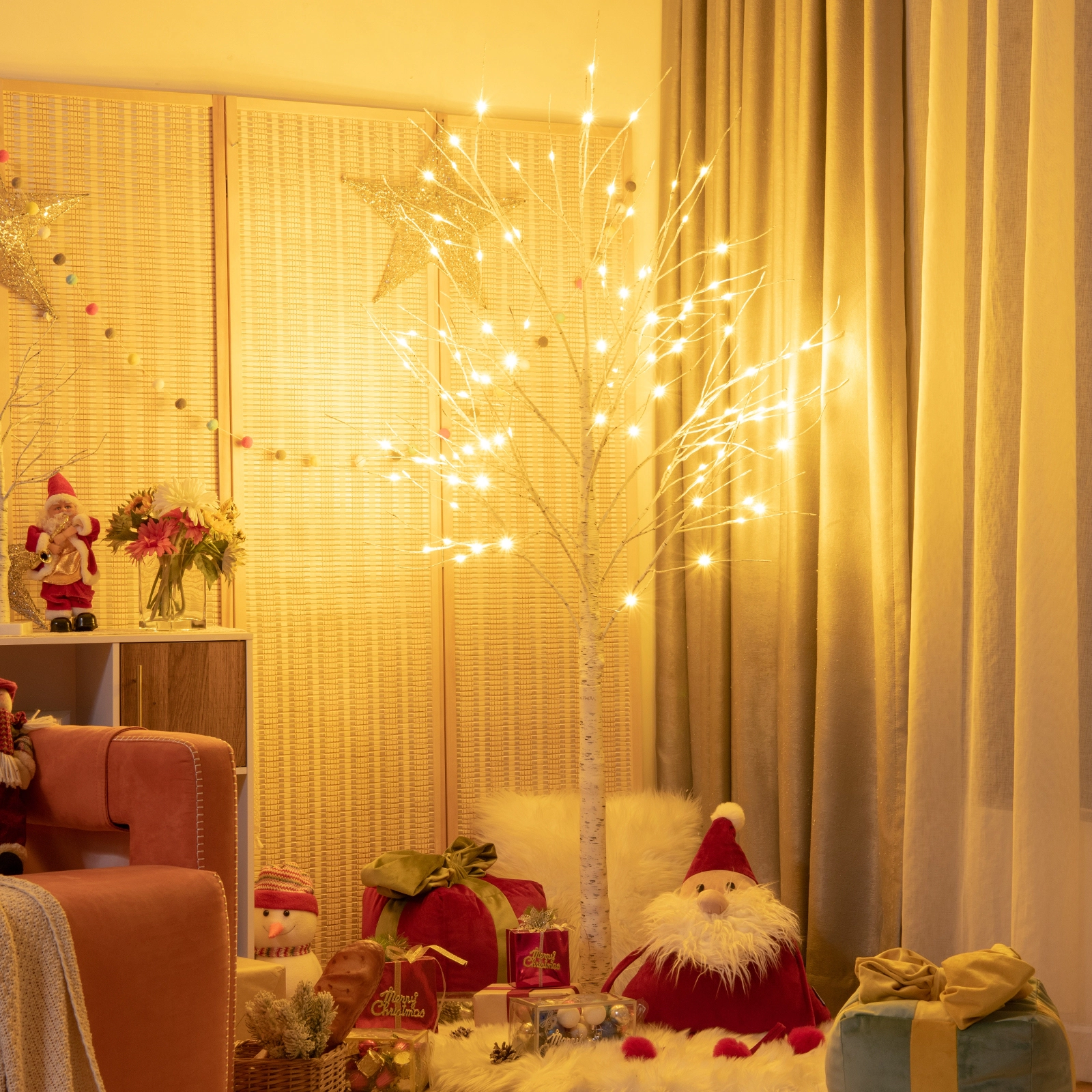 LJG Pre-lit White Twig Birch Tree for Christmas Holiday with LED Lights