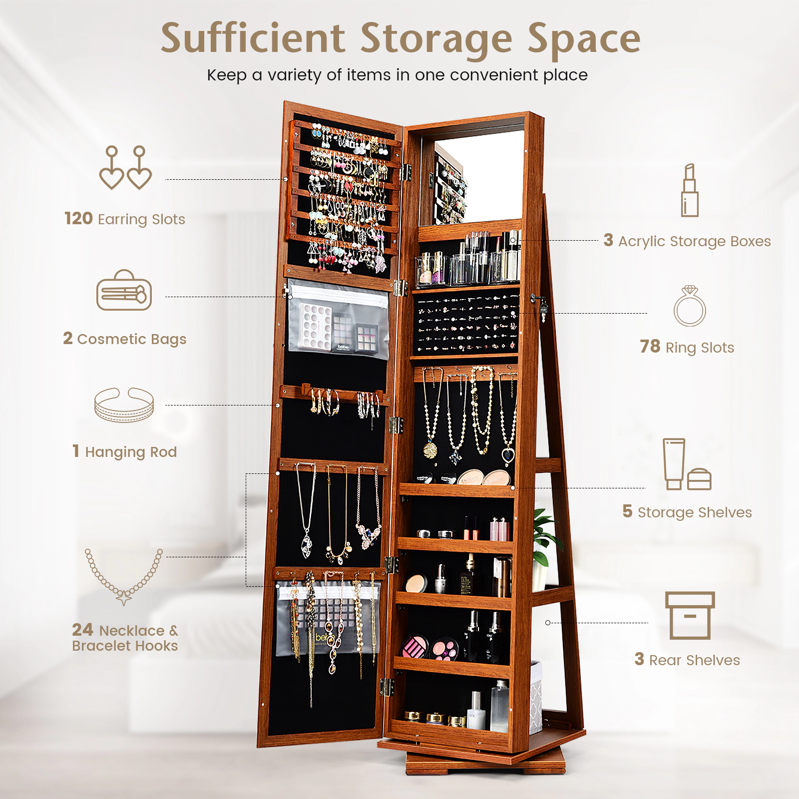 SUGIFT 360° Rotatable 2-in-1 Lockable Jewelry Cabinet with Full-Length 57-in Mirror Brown