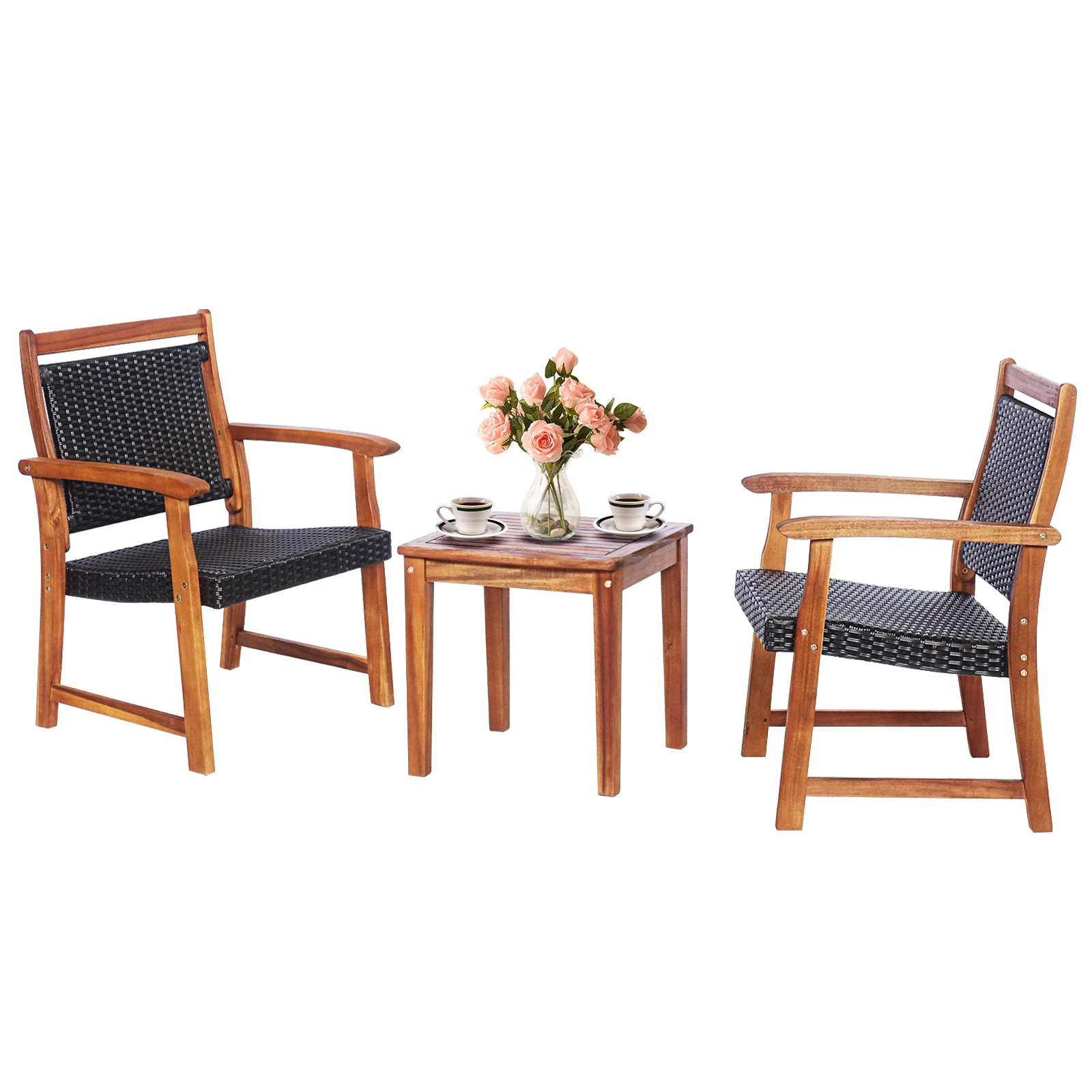 SUGIFT 3-Piece Reddish Brown Rattan Bistro Set with Acacia Wood Chairs and Side Table
