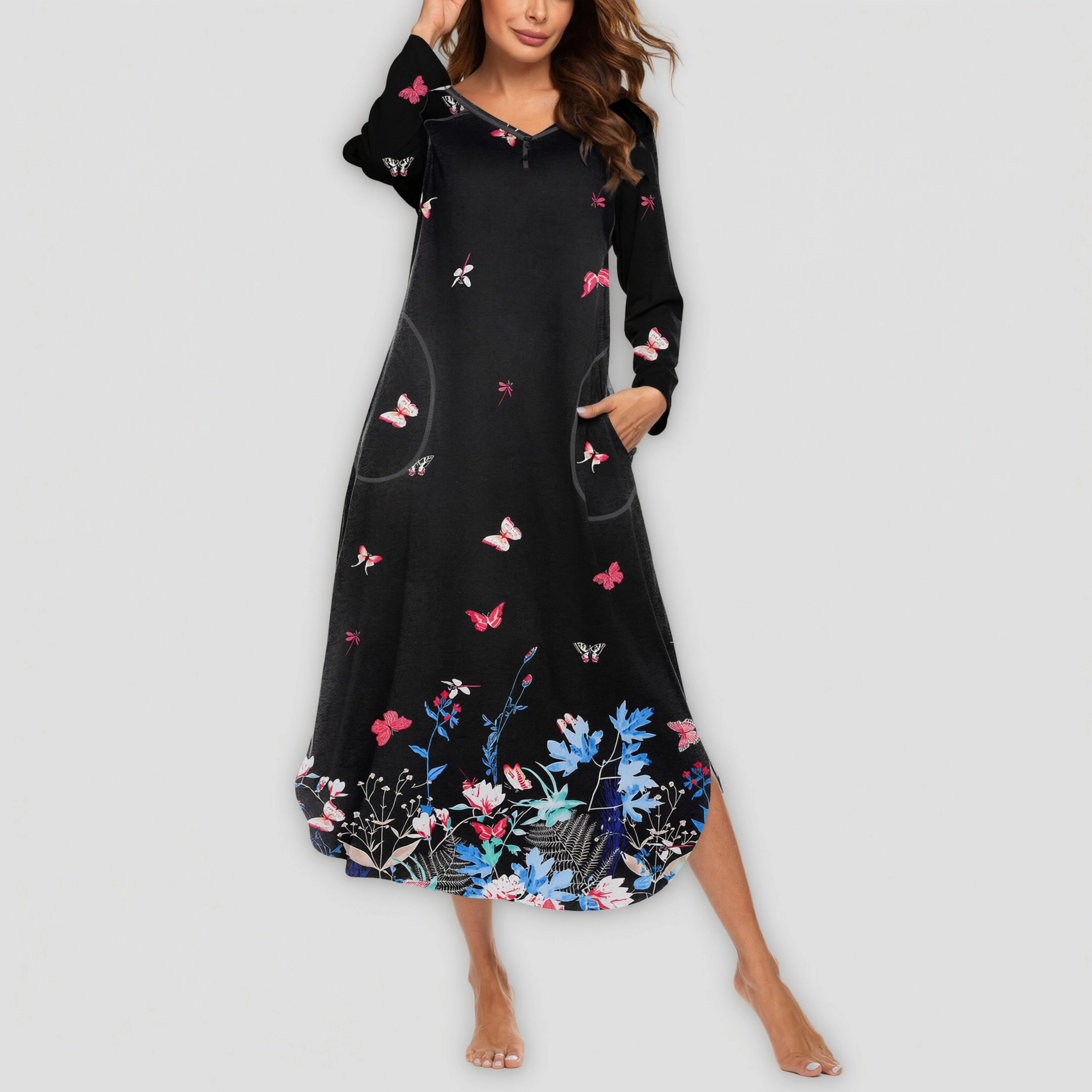 Ekouaer Women's Nightgown V-Neck Loungewear Long Sleeve Sleepwear Full Length for Women