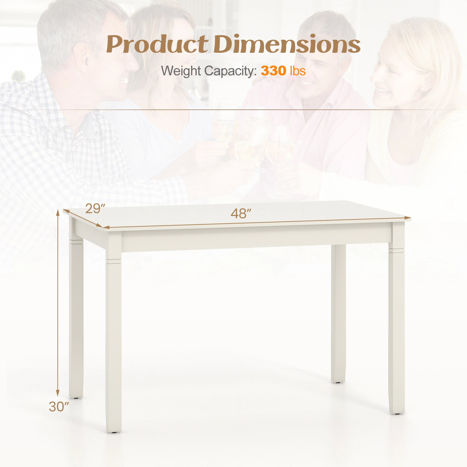 LJG 48-Inch Wooden Dining Table for 4 People Rectangular Kitchen Table with Rubber Wood Legs